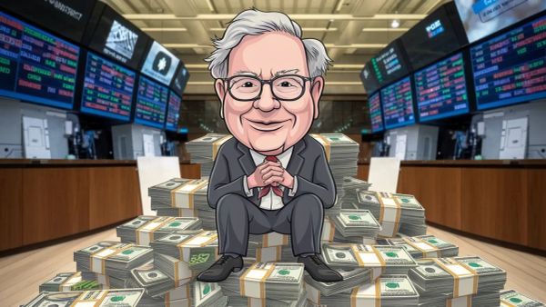 Caricature de Warren Buffett assis sur une montagne de liasses de billets de banque, symbolisant son succès financier.