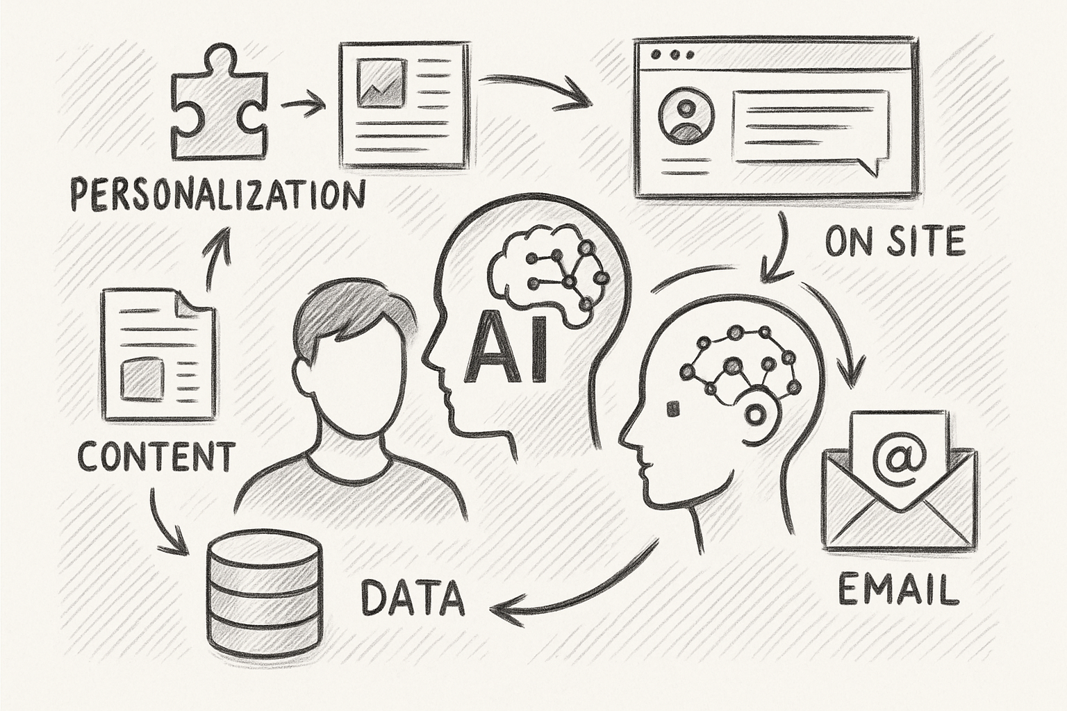 Professional illustration representing AI personalization tactics for email and onsite messaging featuring elements relate...