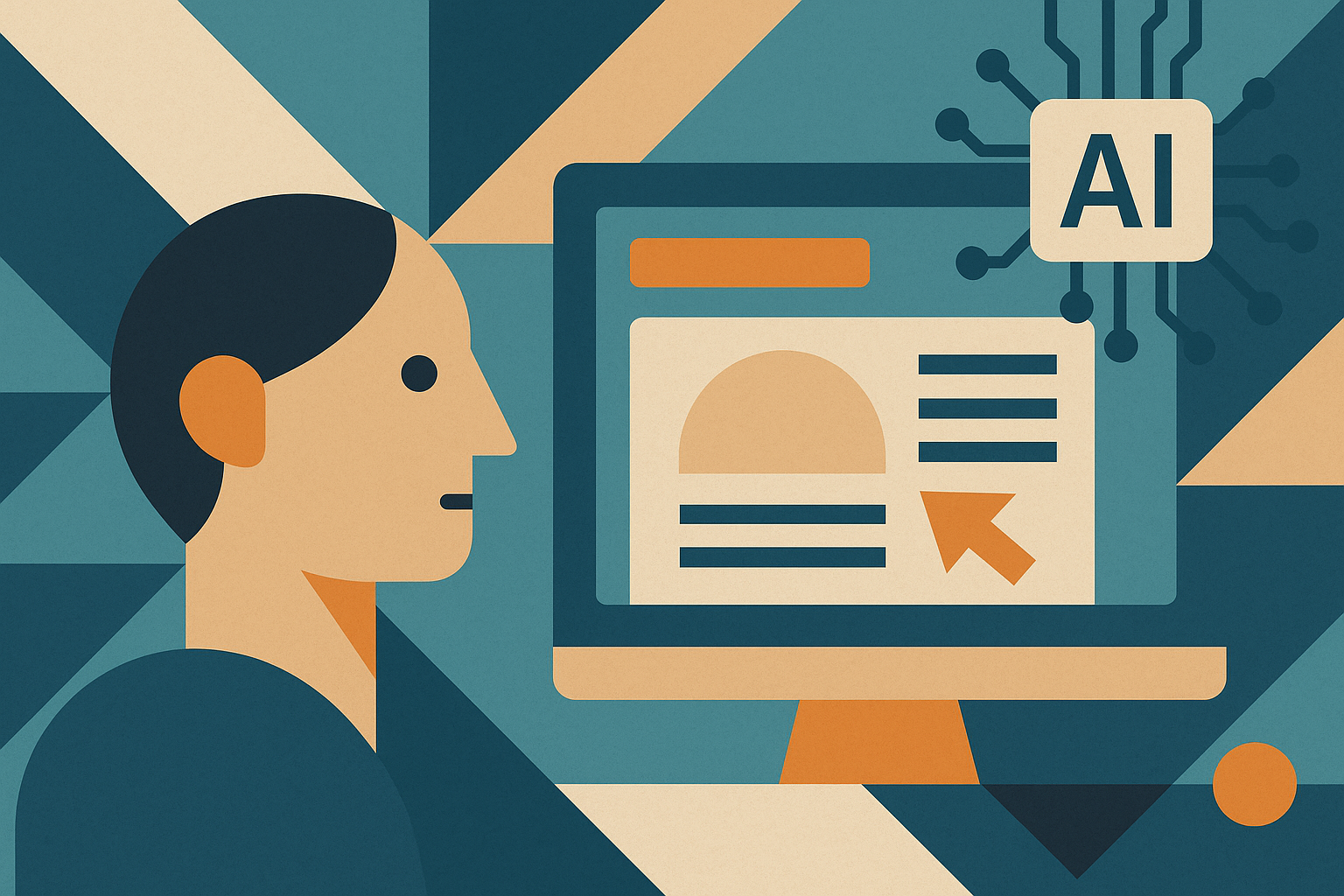 Professional illustration representing How to write landing page copy with AI and still sound human featuring elements rel...