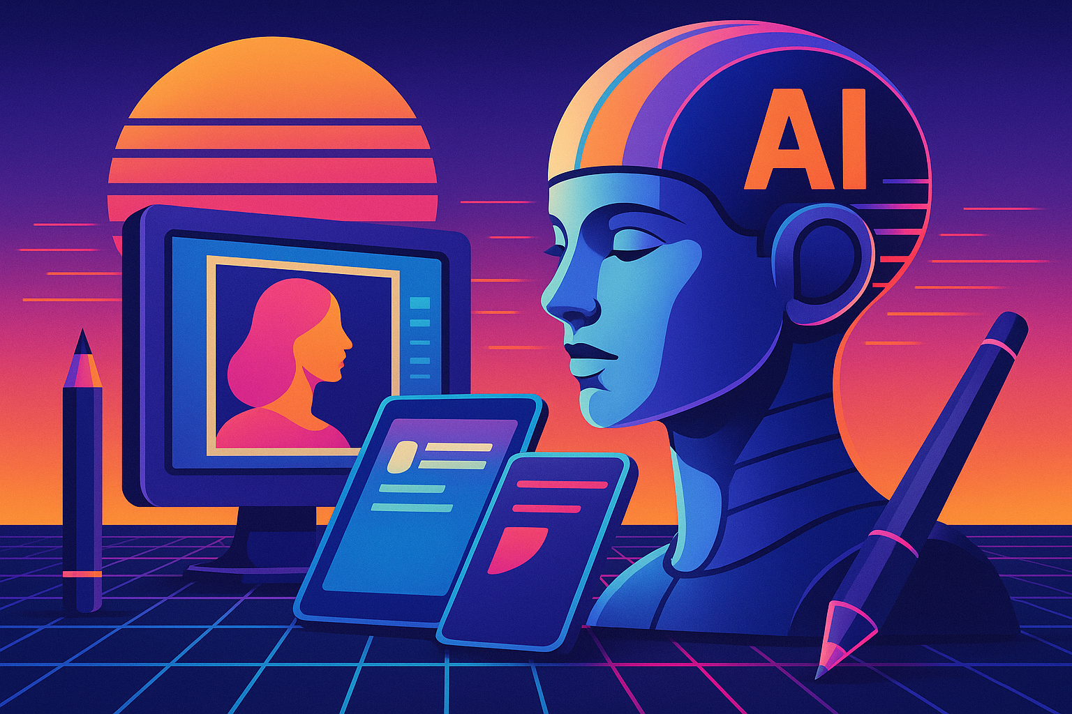 Professional illustration representing AI image prompts for clean editorial cover art featuring elements related to art, c...