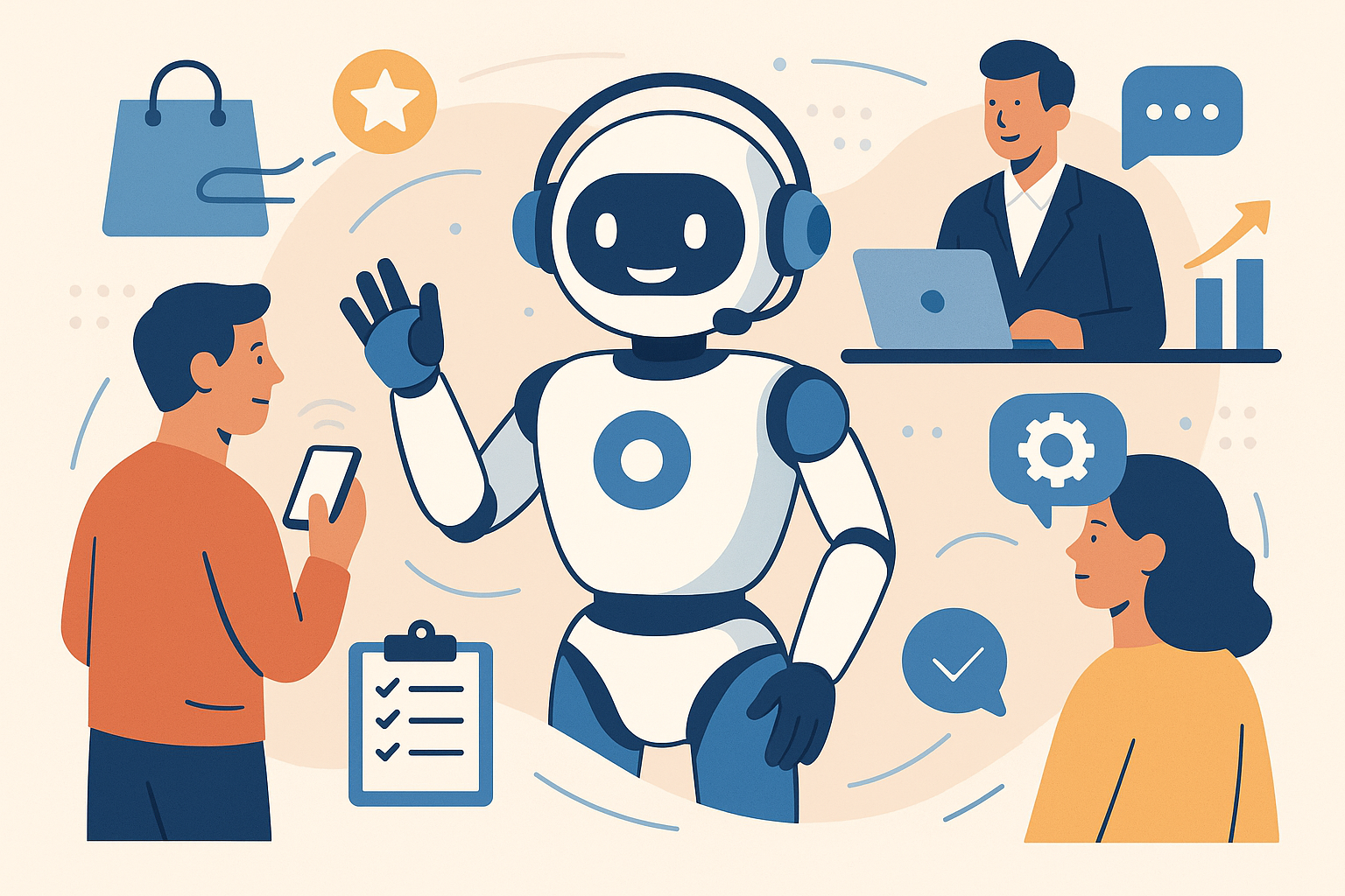 Professional illustration representing Mastering AI: Automate Your Customer Service for Ultimate Scalability featuring ele...