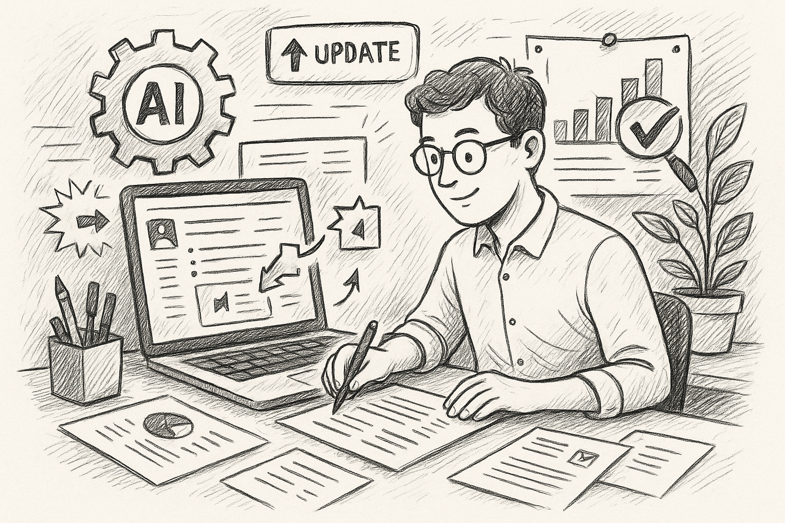 Professional illustration representing AI workflows for updating old posts with new evidence featuring elements related to...