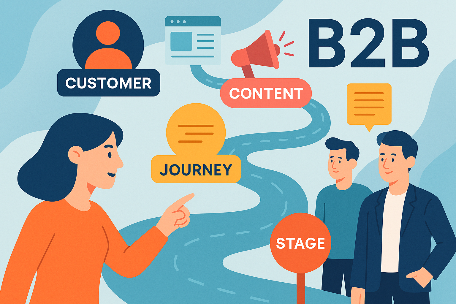Professional illustration representing Customer journey content maps for B2B marketing teams featuring elements related to...