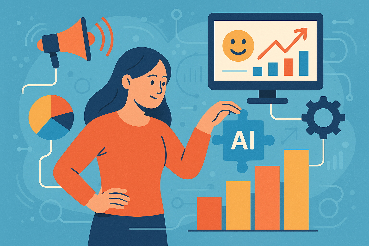 Professional illustration representing How to Build a Powerful AI-Integrated Marketing Framework featuring elements relate...