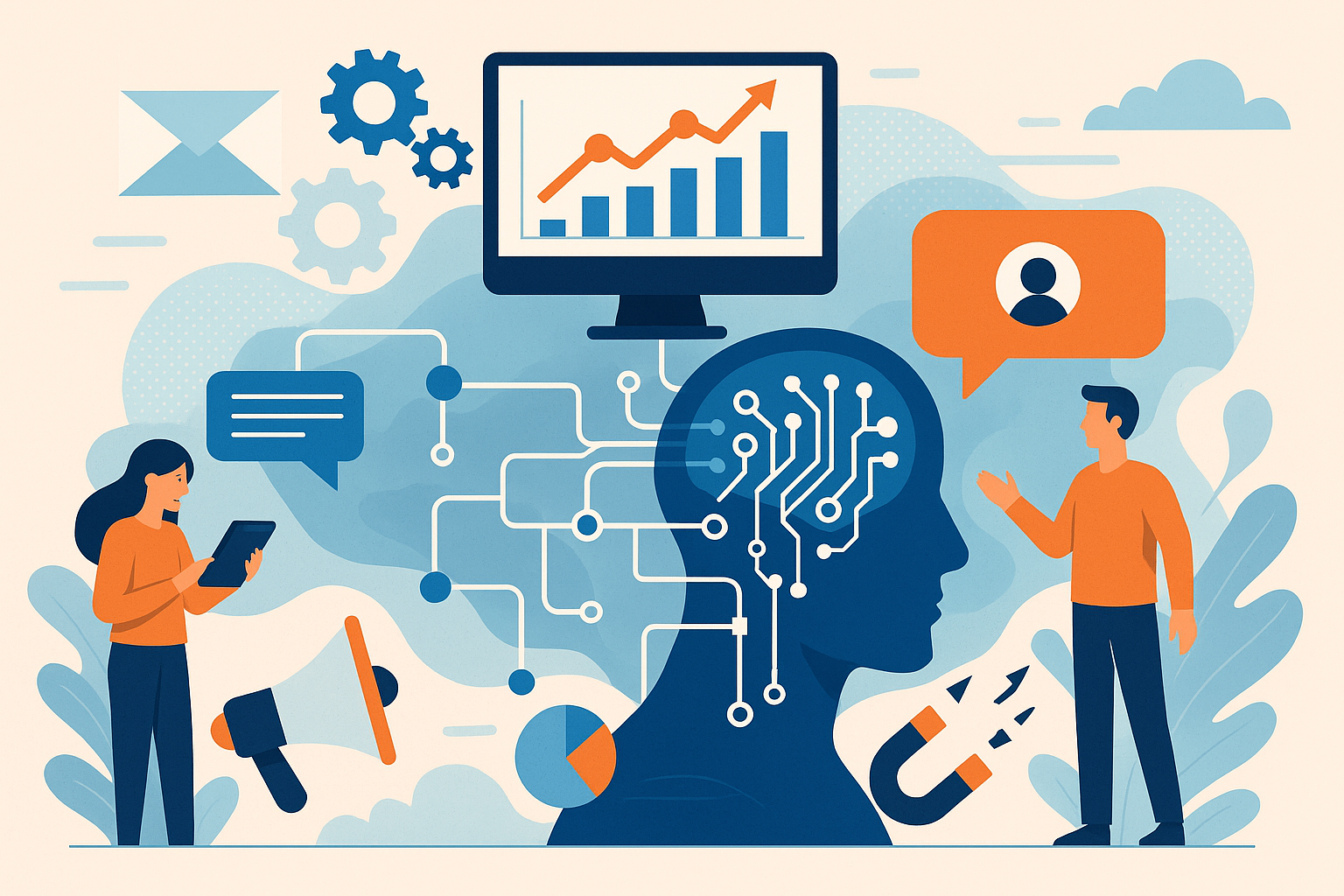 Professional illustration representing How to Build a Powerful Marketing Automation Framework Using AI featuring elements ...