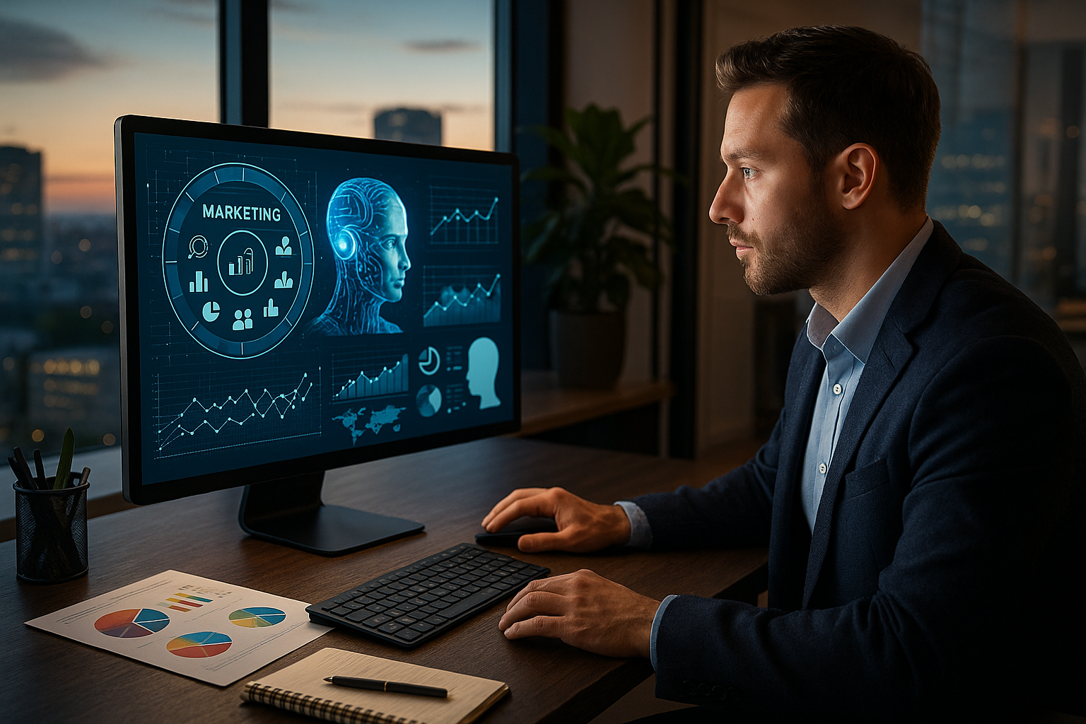 Professional illustration representing How to Build a Resilient Digital Marketing Strategy Using AI featuring elements rel...