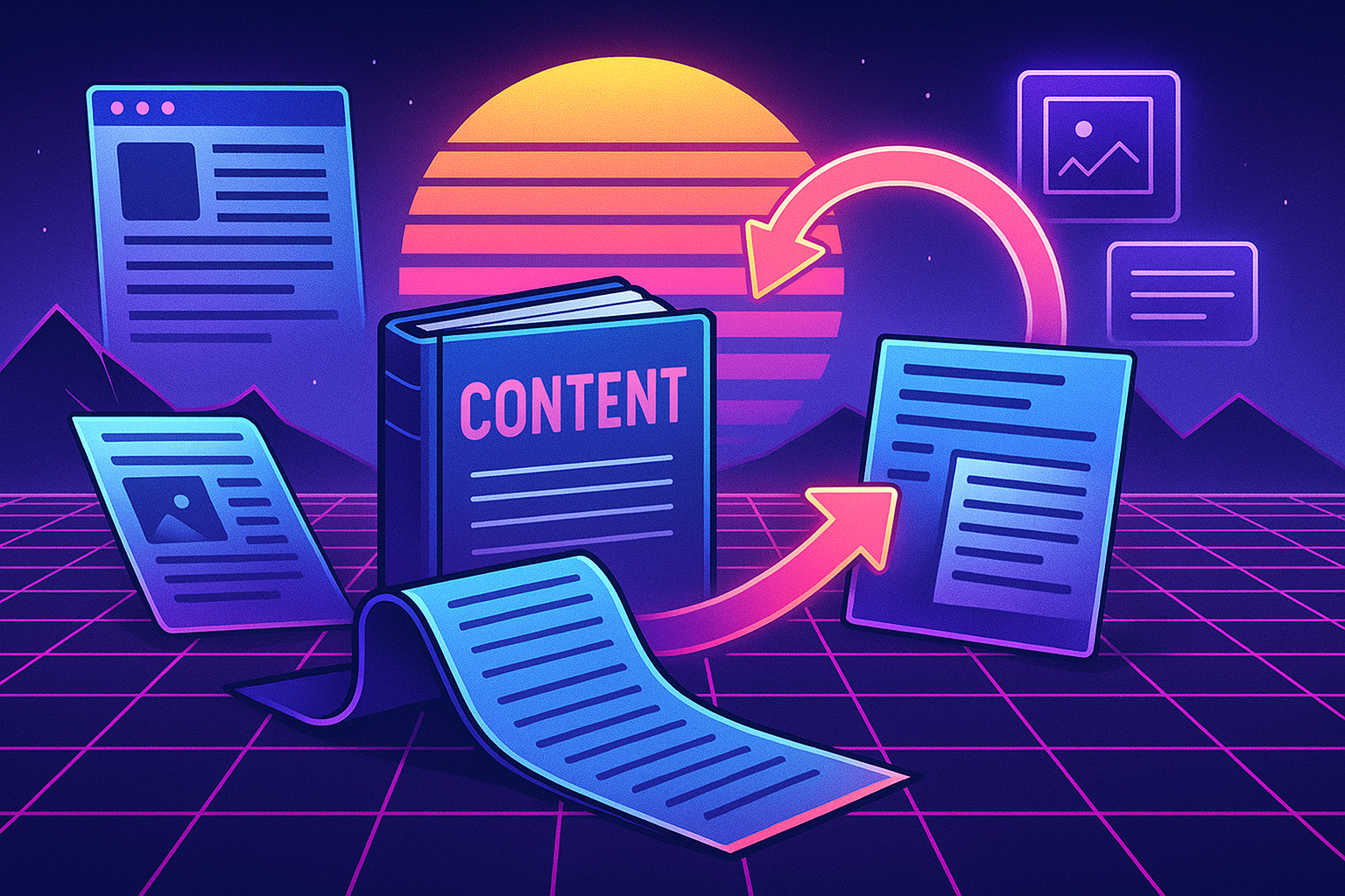 Professional illustration representing The best ways to repurpose long form marketing content featuring elements related t...