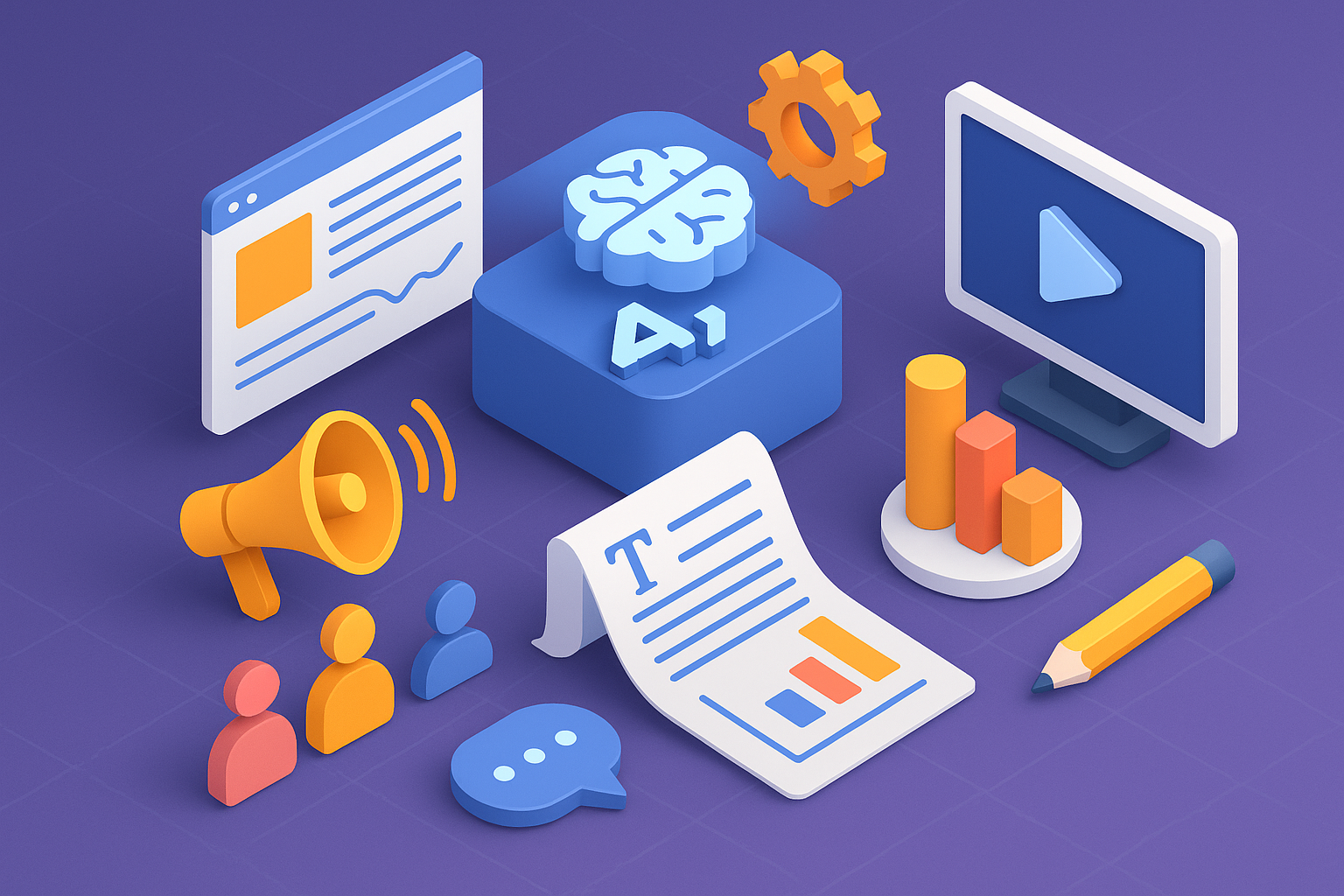 Professional illustration representing How to use AI for demand generation content featuring elements related to content, ...