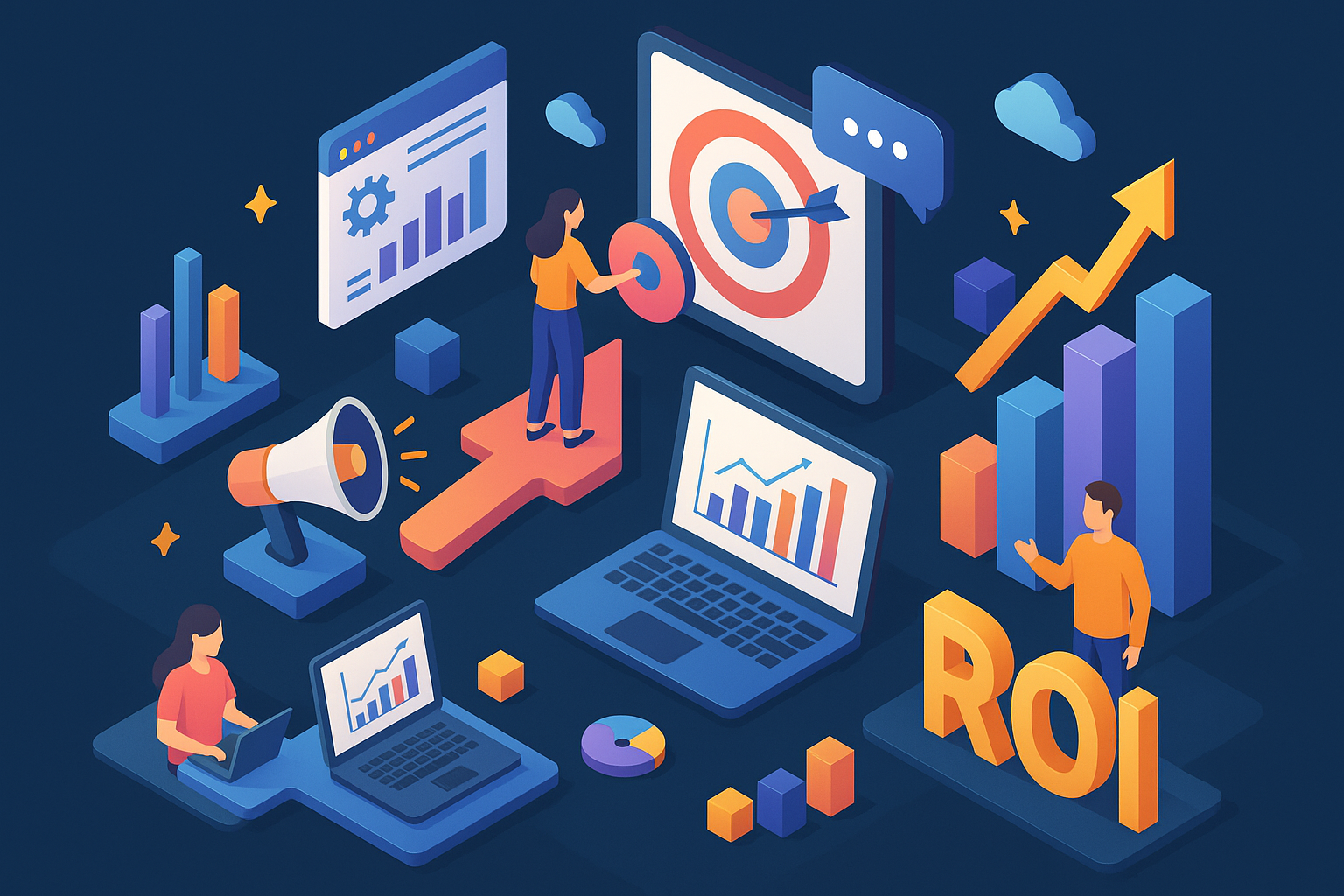 Professional illustration representing Master Advanced Techniques to Boost ROI in Digital Campaigns featuring elements rel...