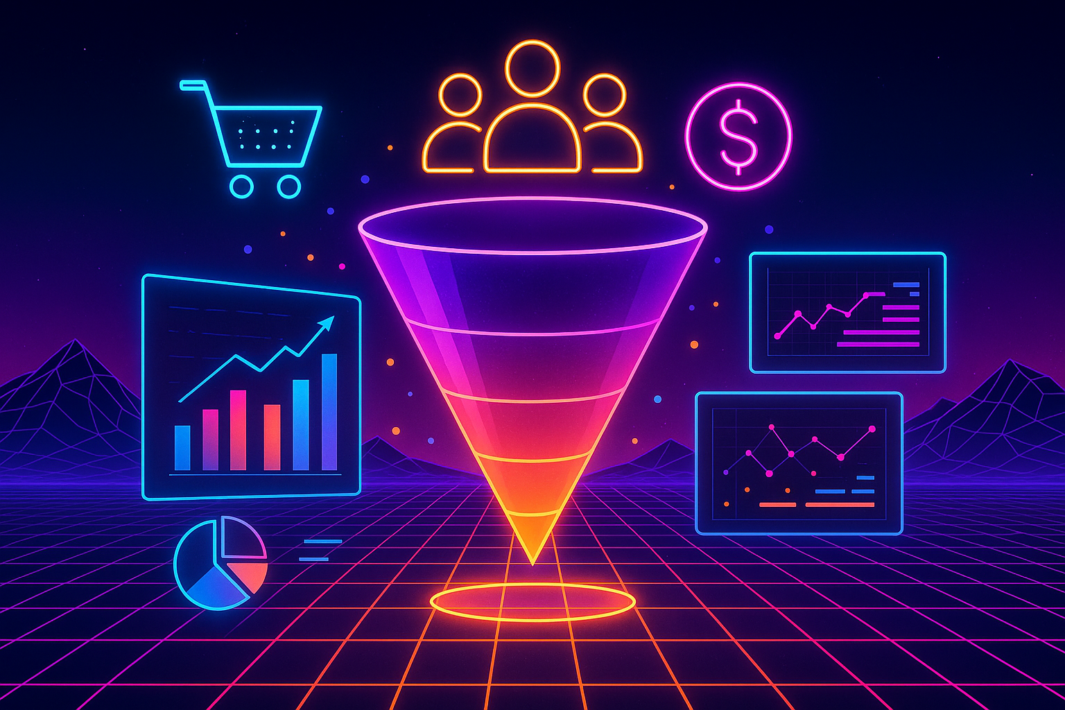 Professional illustration representing Mastering Sales Funnel Optimization with AI Analytics featuring elements related to...