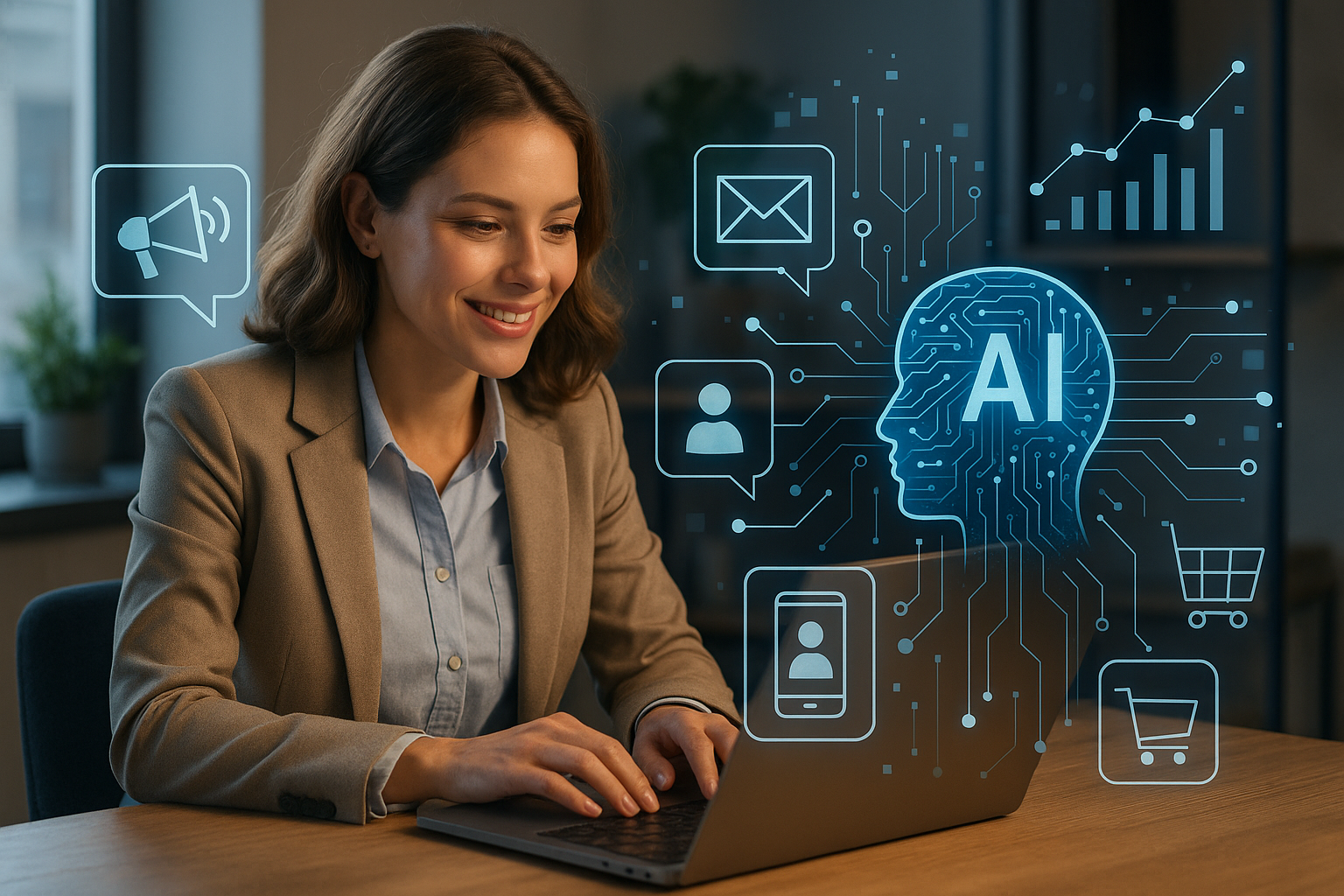 Professional illustration representing Ultimate Guide to Leveraging AI in Multichannel Marketing Campaigns featuring eleme...