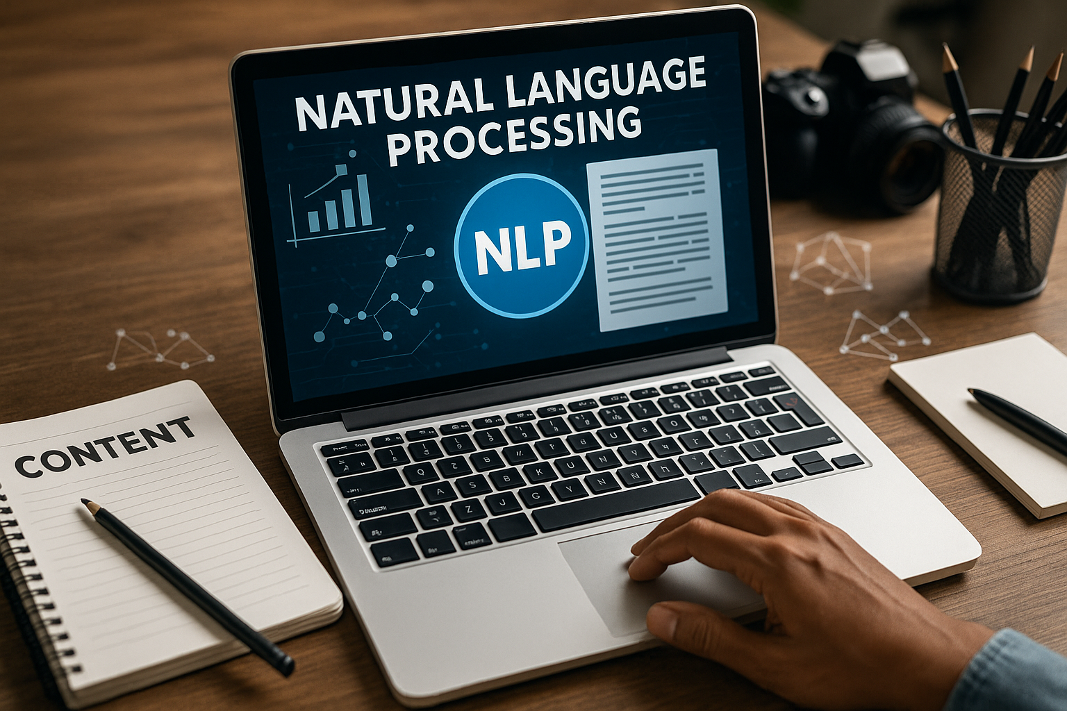Professional illustration representing Unlock the Power of Natural Language Processing for Content Creation featuring elem...