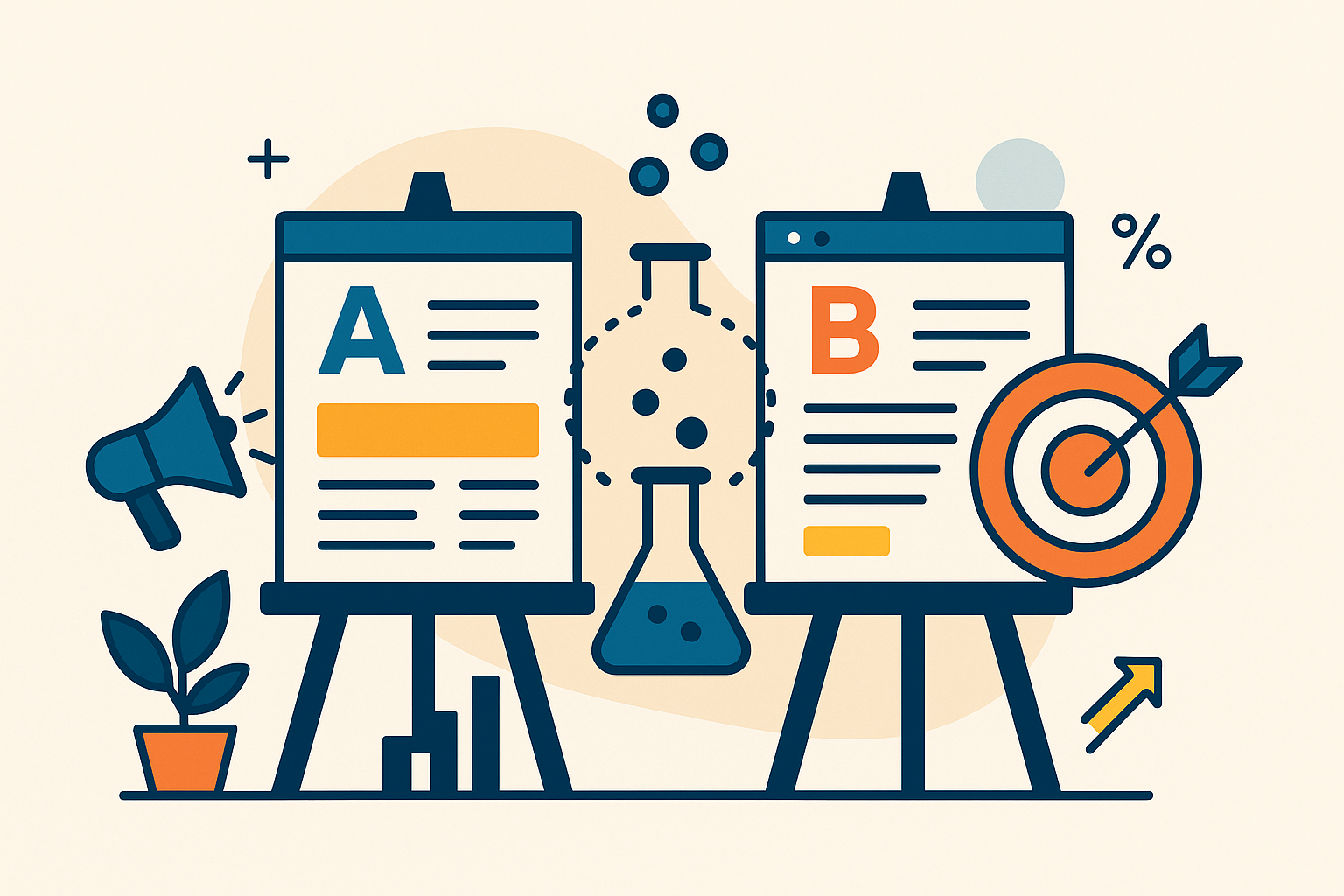 Professional illustration representing How to Optimize Your B2B Marketing Strategy with A/B Testing featuring elements rel...