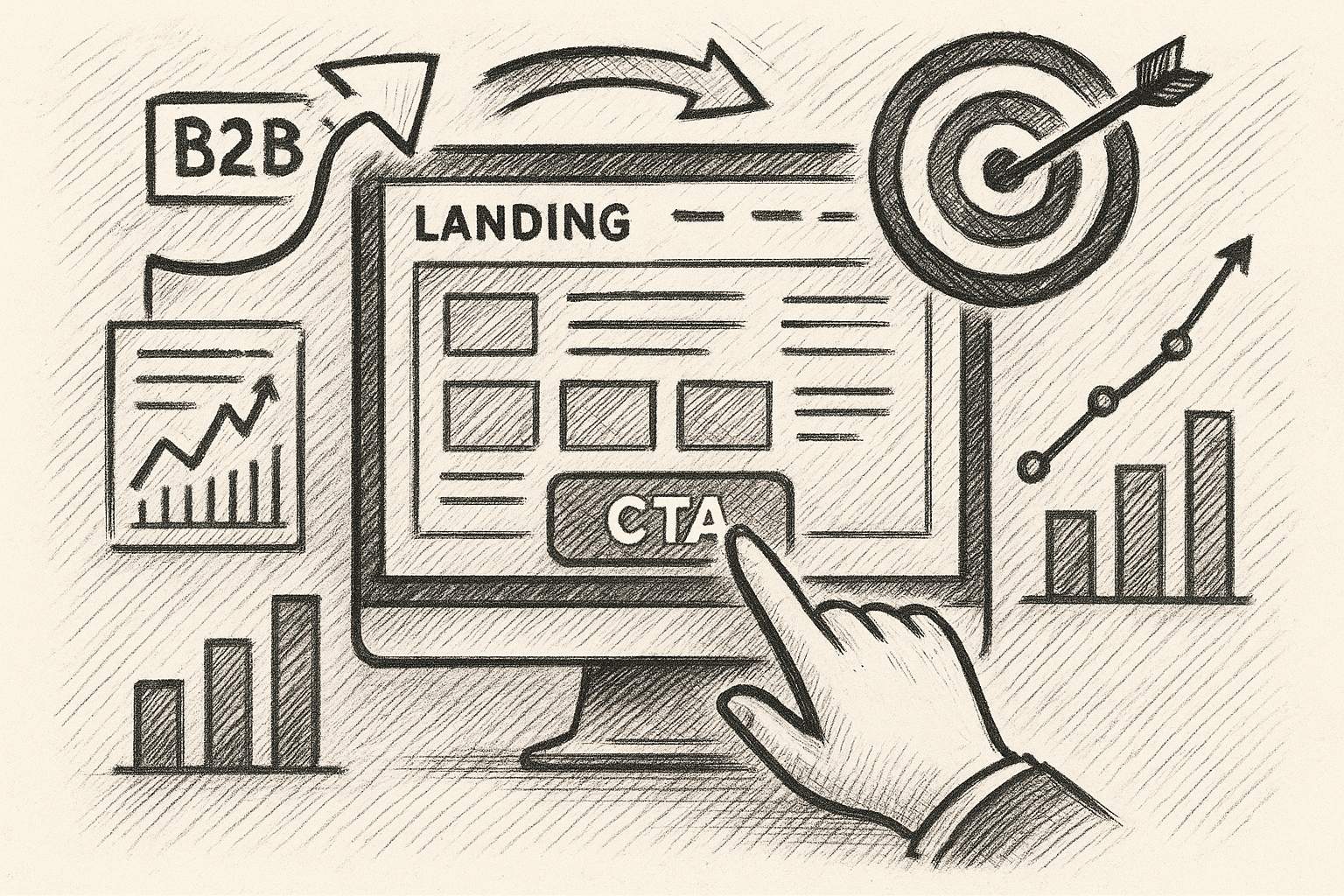 Professional illustration representing Best Practices for Creating B2B Landing Pages That Convert featuring elements relat...