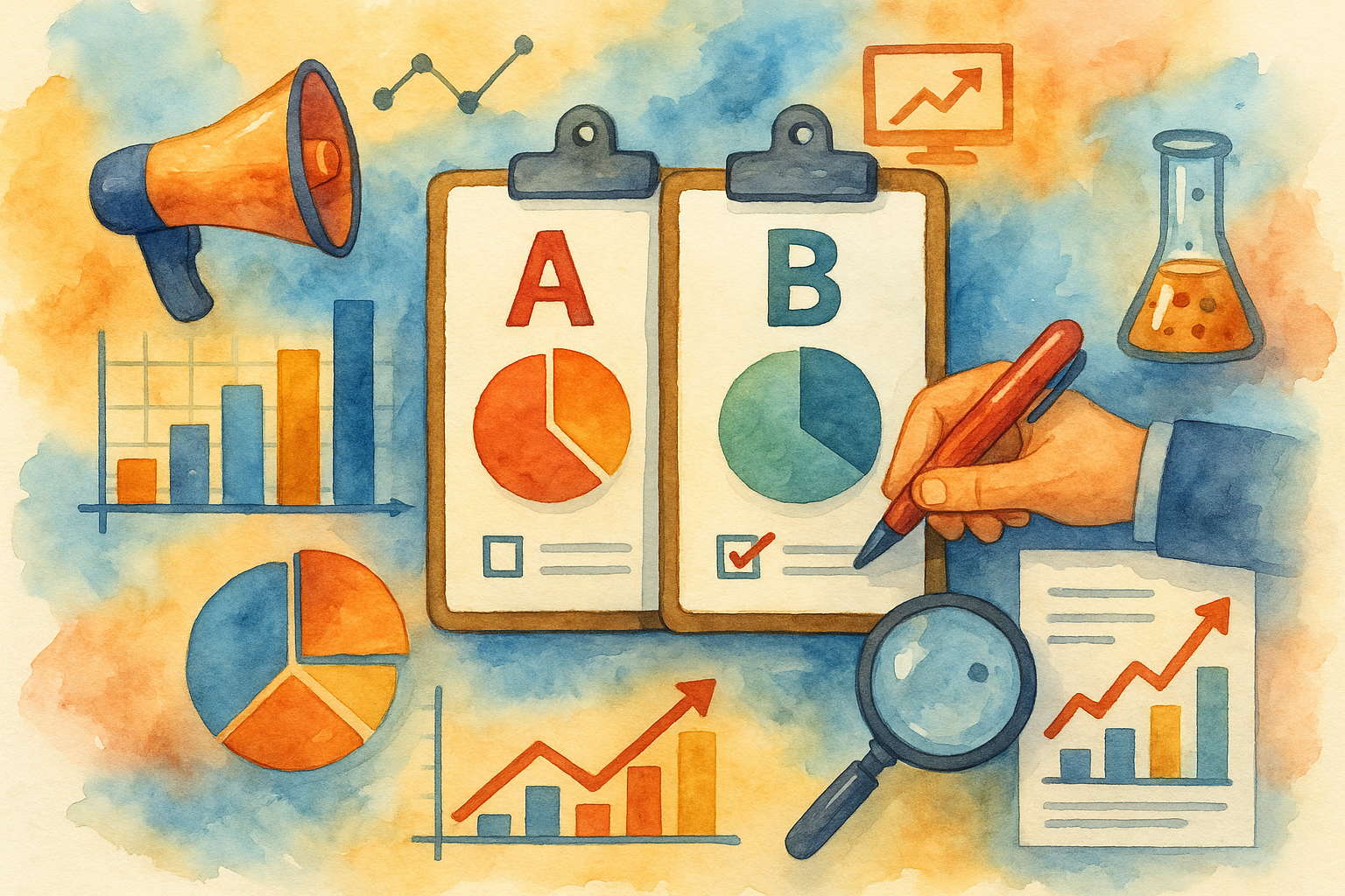 Professional illustration representing Implementing Effective A/B Testing in B2B Marketing Campaigns featuring elements re...