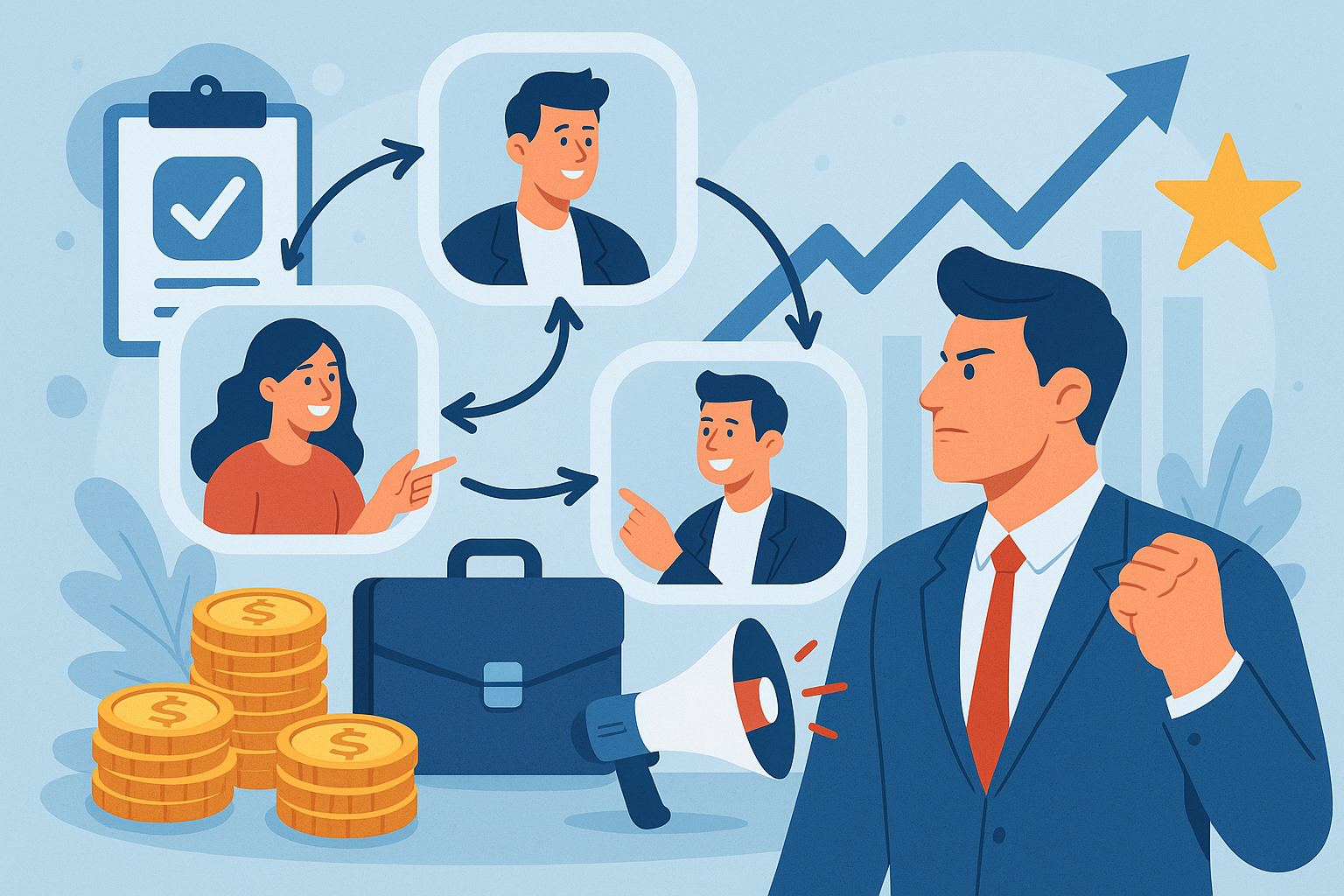 Professional illustration representing How to Create a B2B Referral Program That Works featuring elements related to progr...