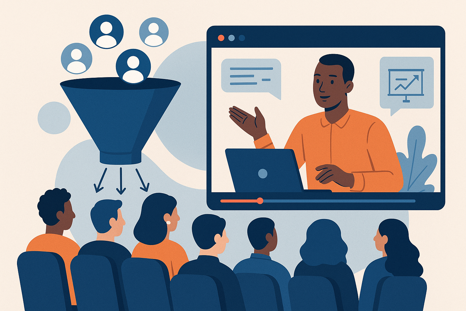 Professional illustration representing How to Use Webinars for B2B Lead Generation featuring elements related to webinar, ...