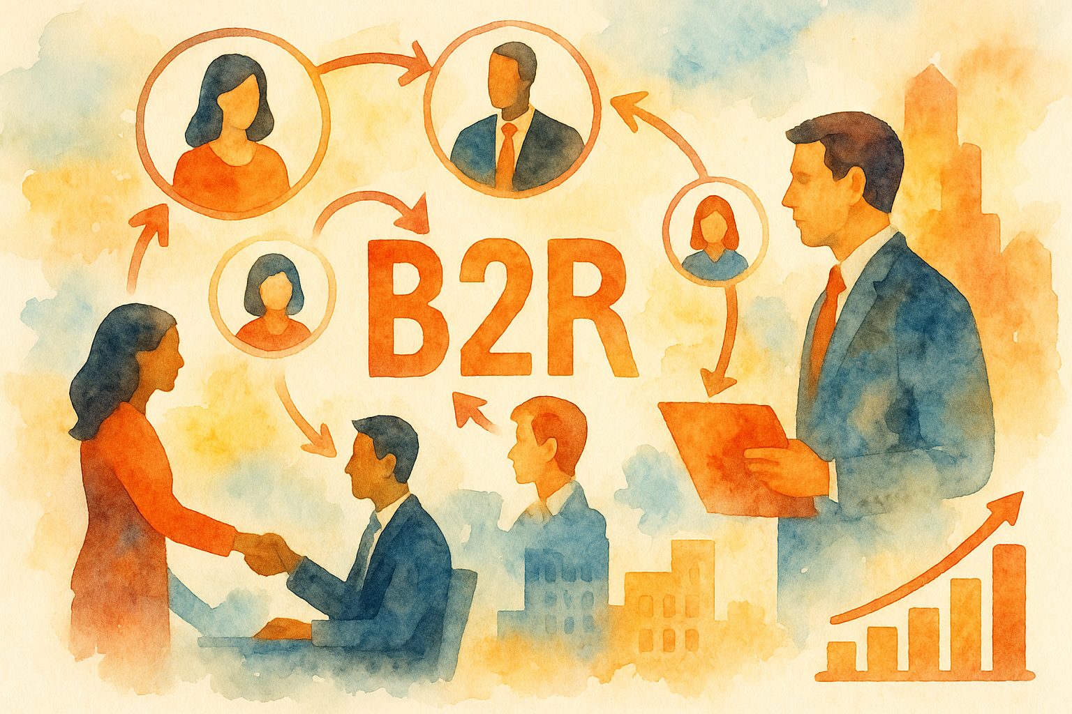 Professional illustration representing How to Create and Implement a B2B Referral Program featuring elements related to pr...