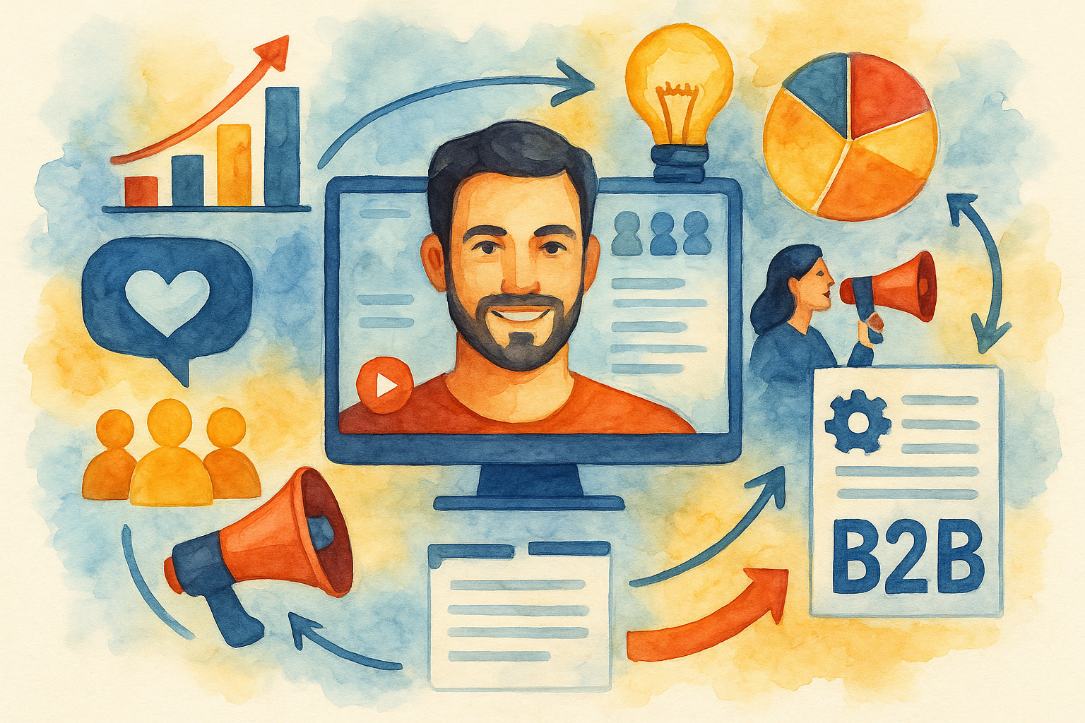 Professional illustration representing How to Build a B2B Influencer Marketing Strategy featuring elements related to infl...