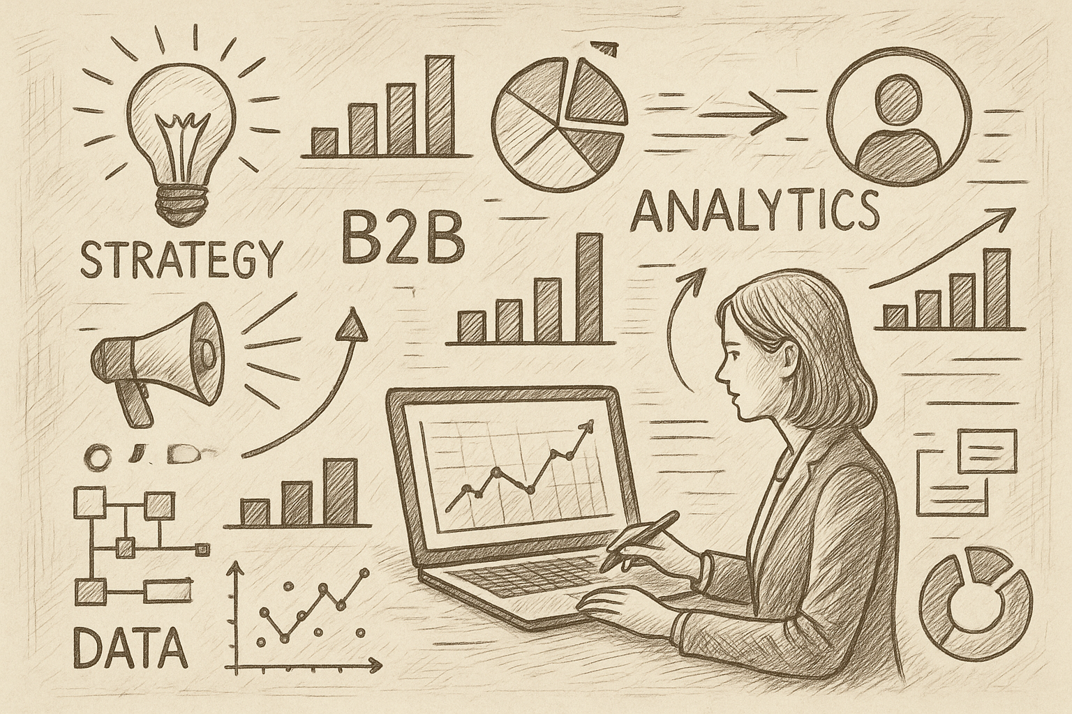 Professional illustration representing Creating Data-Driven B2B Marketing Strategies Using Analytics featuring elements re...