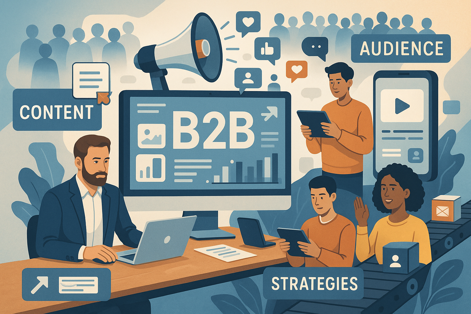 Professional illustration representing Effective B2B Content Distribution Strategies for Maximum Reach featuring elements ...