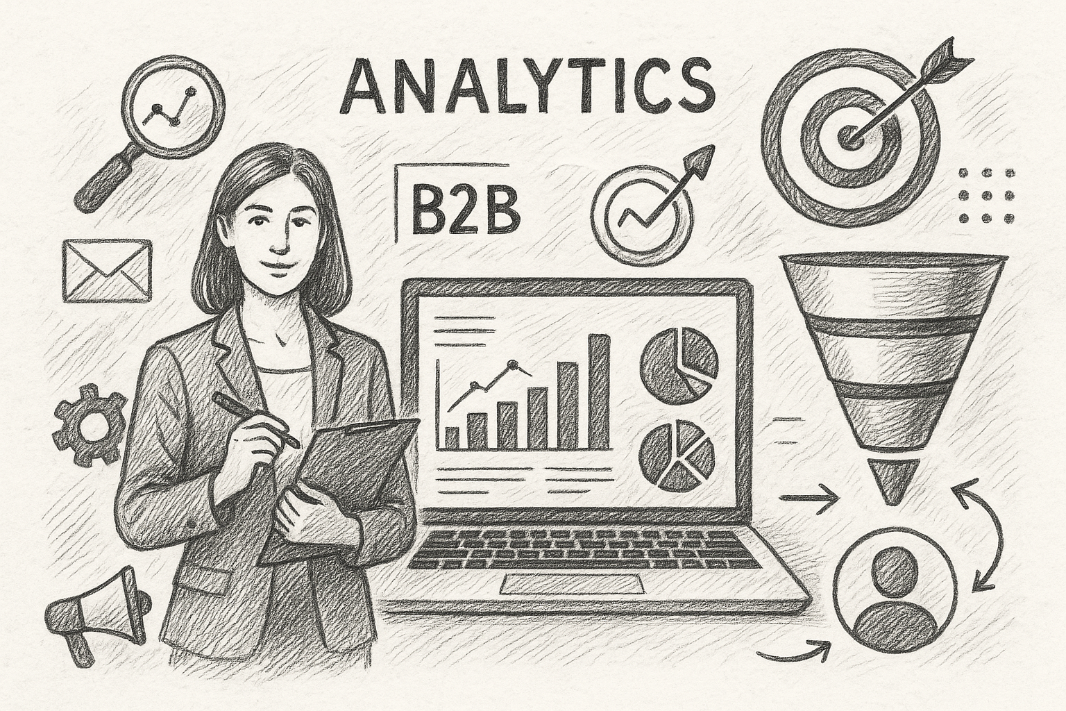Professional illustration representing Leveraging Analytics for Continuous Improvement in B2B Marketing featuring elements...
