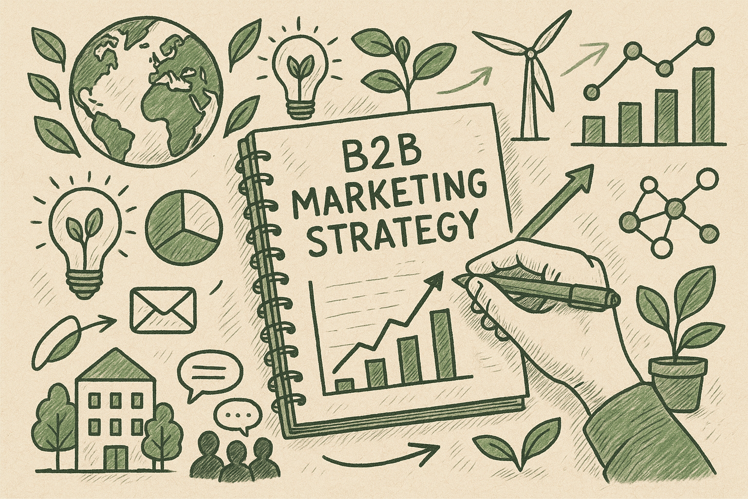 Professional illustration representing Creating a B2B Marketing Strategy for Sustainability Initiatives featuring elements...