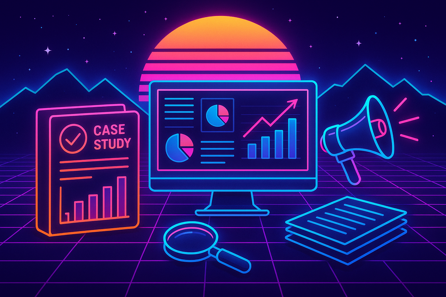 Professional illustration representing The Art of Creating Compelling B2B Case Studies featuring elements related to case,...