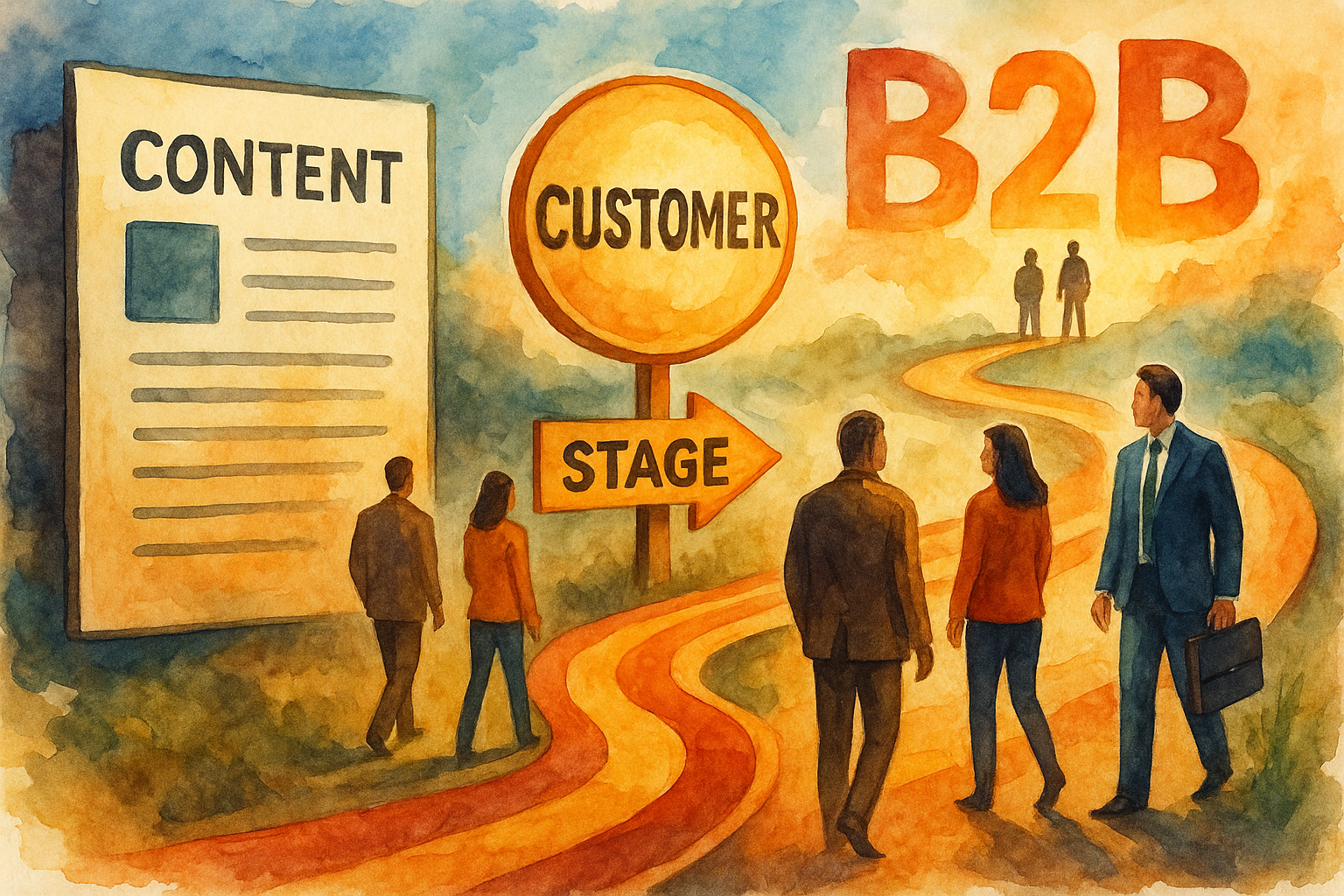 Professional illustration representing Creating a Seamless B2B Customer Journey with Content featuring elements related to...