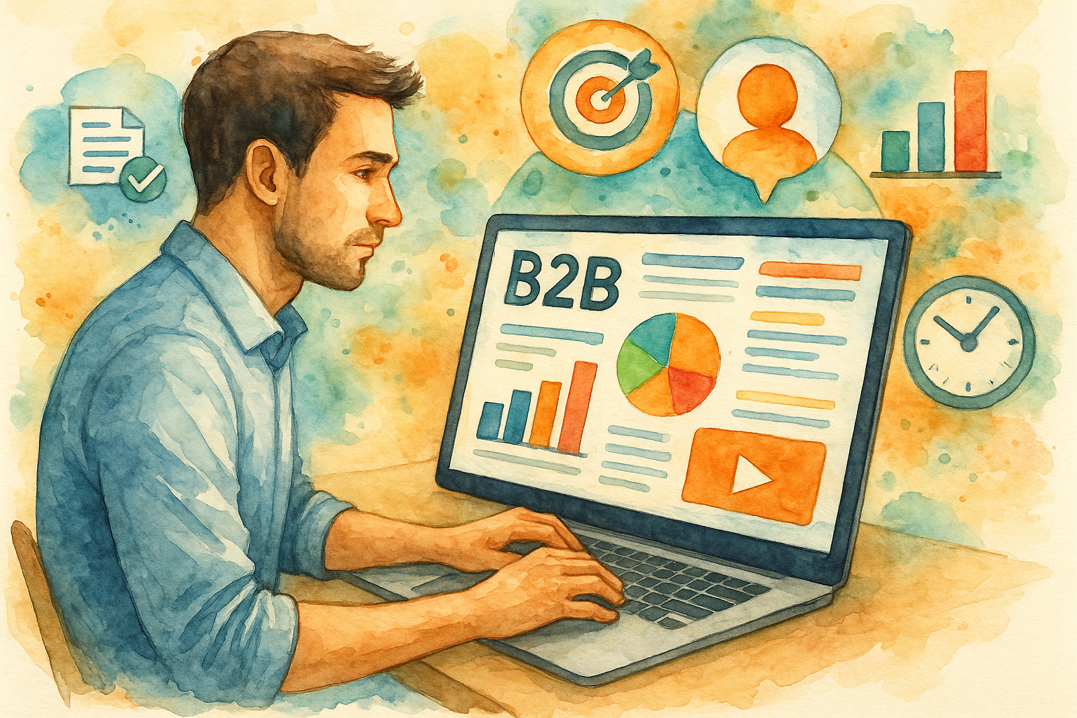 Professional illustration representing Creating Interactive B2B Content to Drive Customer Engagement featuring elements re...