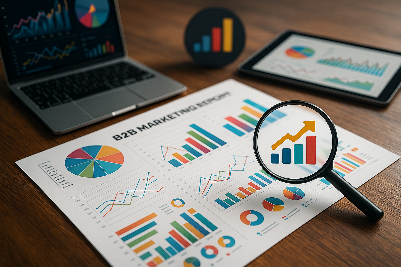 Professional illustration representing Utilizing Data Visualization in B2B Marketing Reports featuring elements related to...