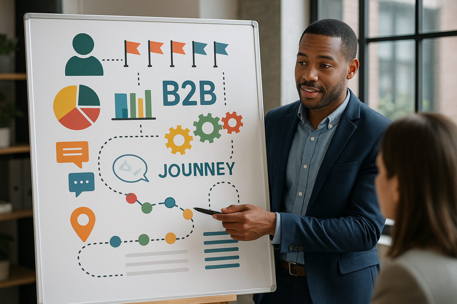 Professional illustration representing Utilizing Customer Journey Mapping for Enhanced B2B Marketing featuring elements re...