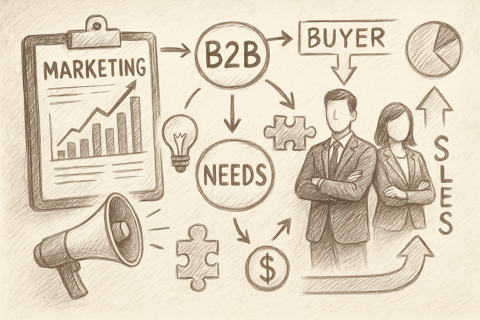 Professional illustration representing How to Create a B2B Marketing Strategy Focused on Buyer Needs featuring elements re...