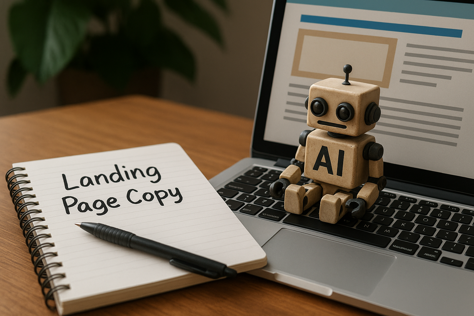 Professional illustration representing How to write landing page copy with AI and still sound human featuring elements rel...