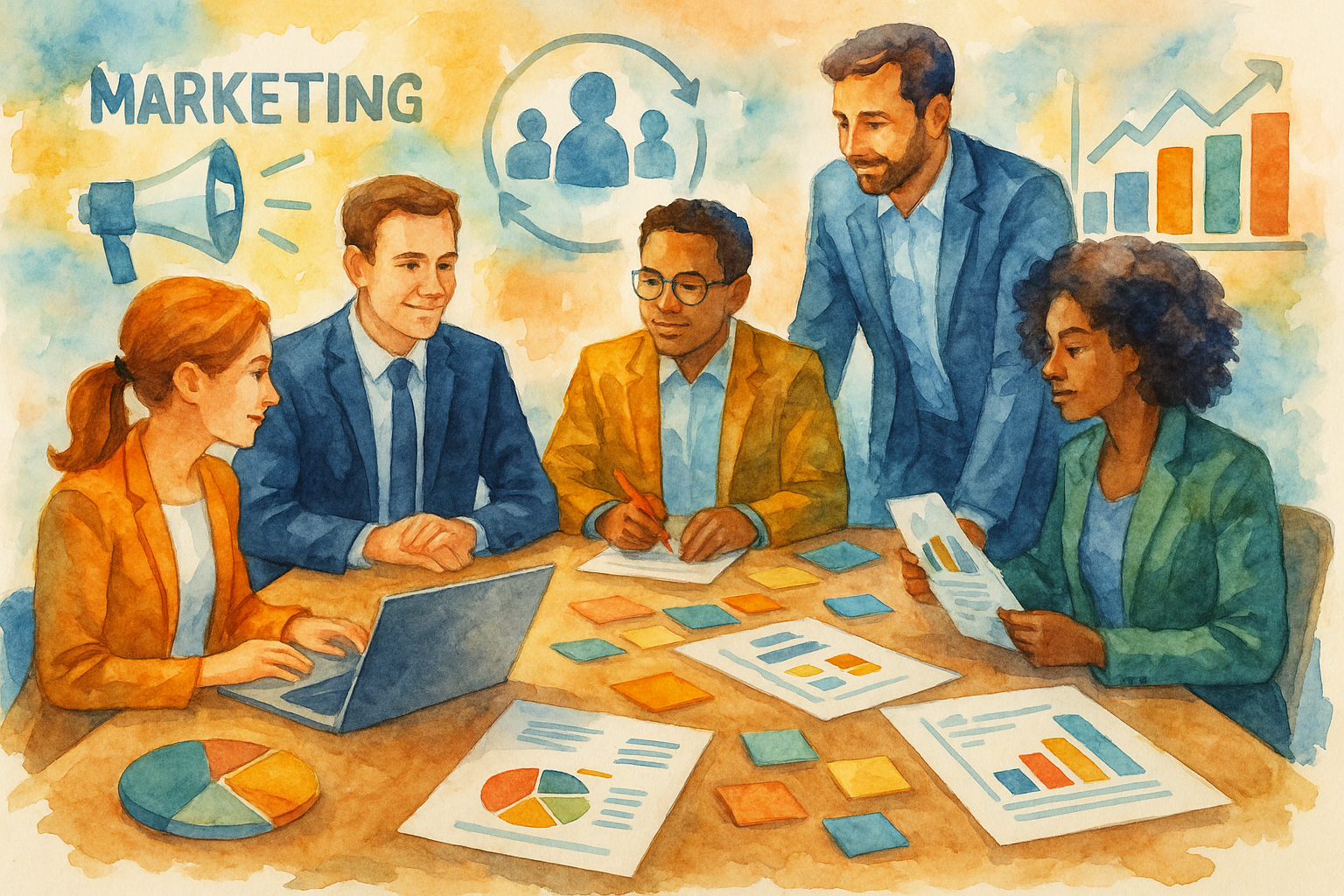 Professional illustration representing How to Build an Effective B2B Marketing Team Structure featuring elements related t...