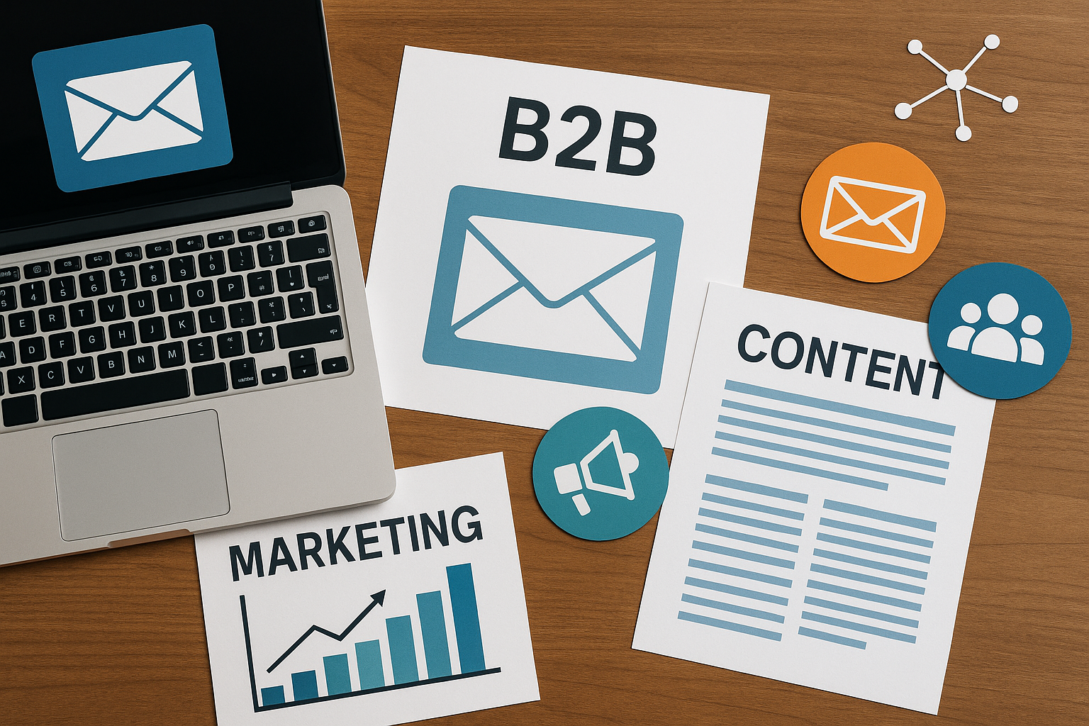Professional illustration representing Best Practices for Developing a B2B Email Marketing Strategy featuring elements rel...