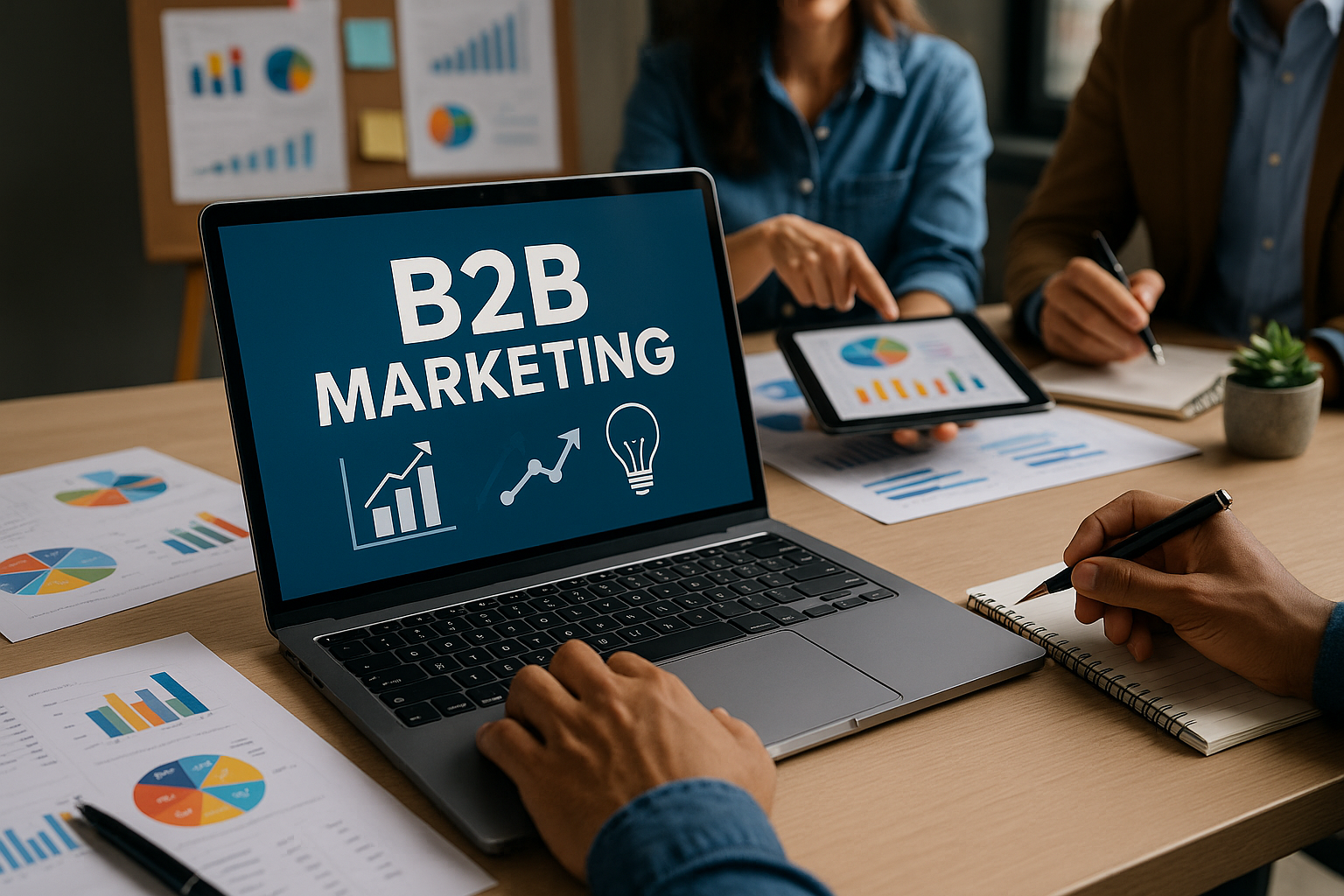 Professional illustration representing Creating B2B Marketing Content That Drives Results featuring elements related to co...
