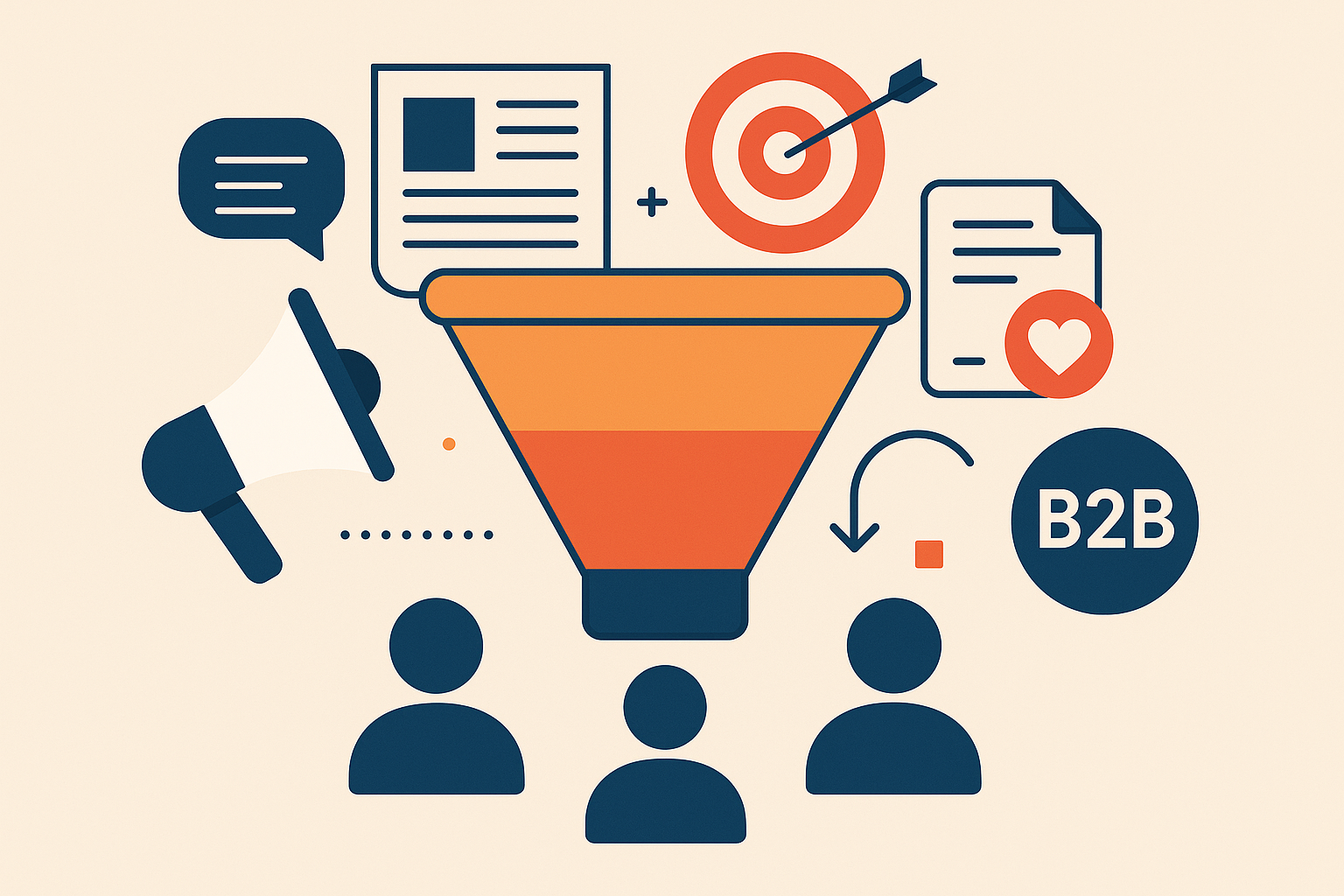 Professional illustration representing Building a Robust B2B Marketing Funnel for Lead Generation featuring elements relat...