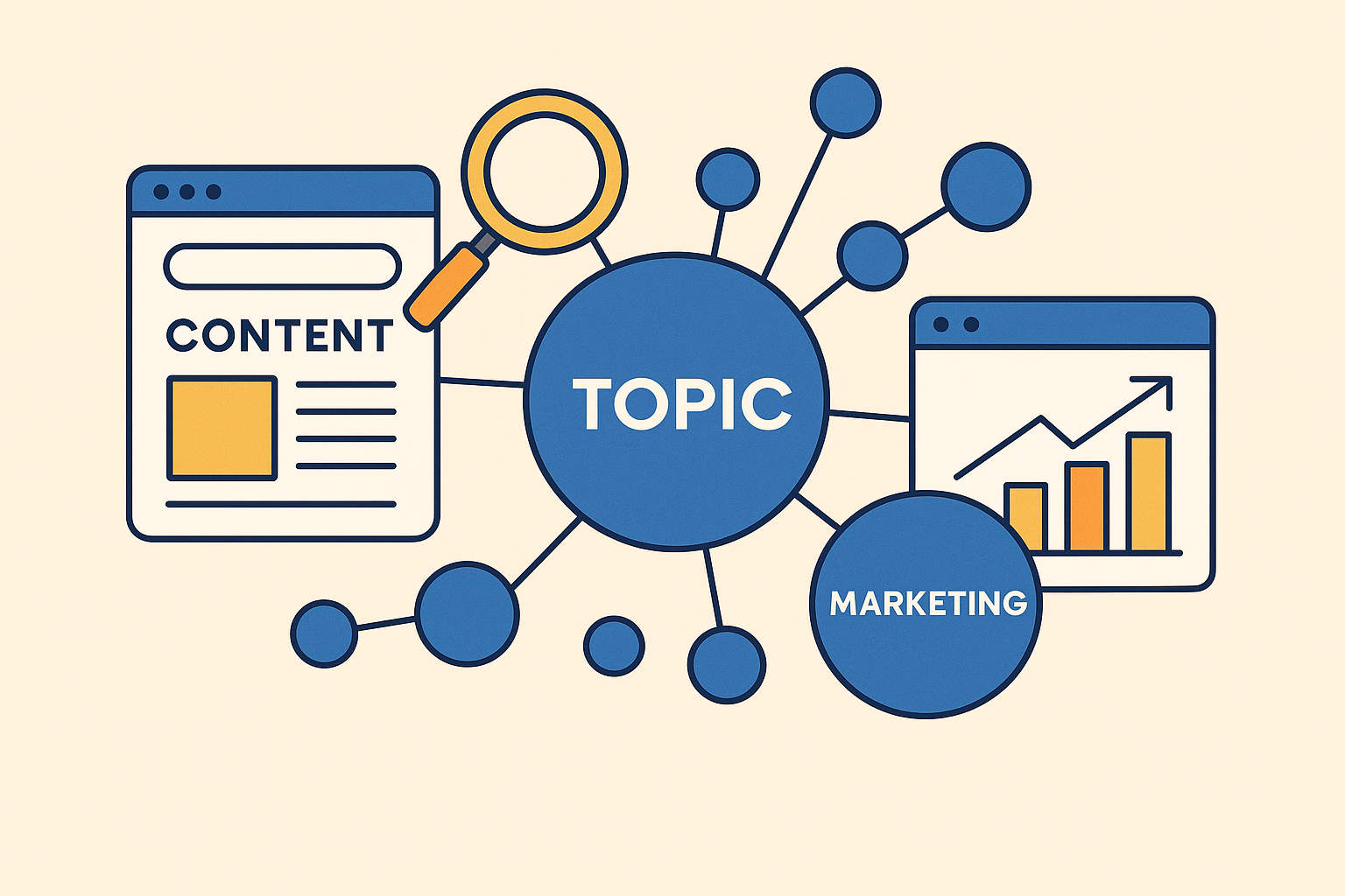 Professional illustration representing SEO topic clusters for AI marketing websites featuring elements related to content,...