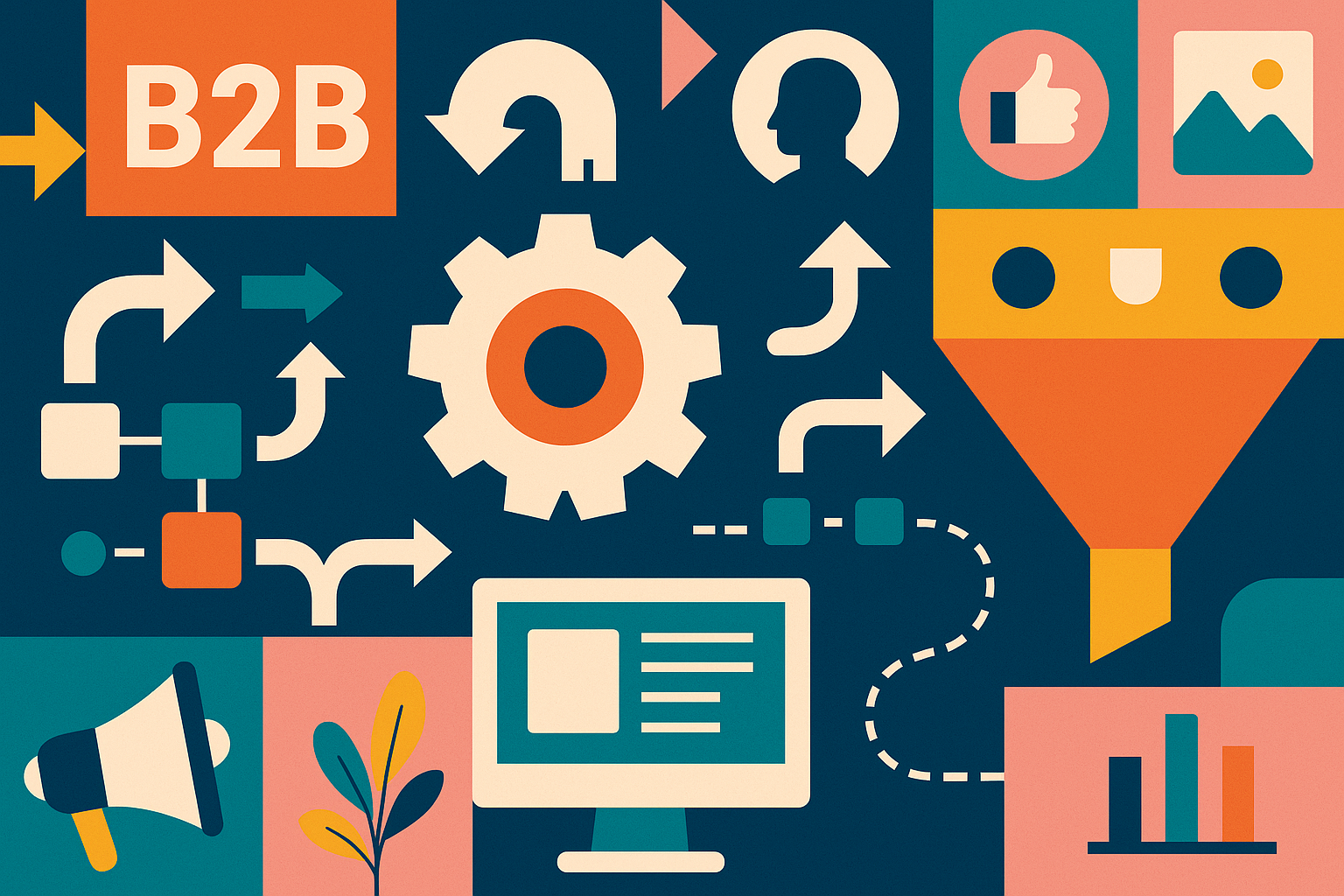 Professional illustration representing Implementing an Effective B2B Marketing Automation Workflow featuring elements rela...