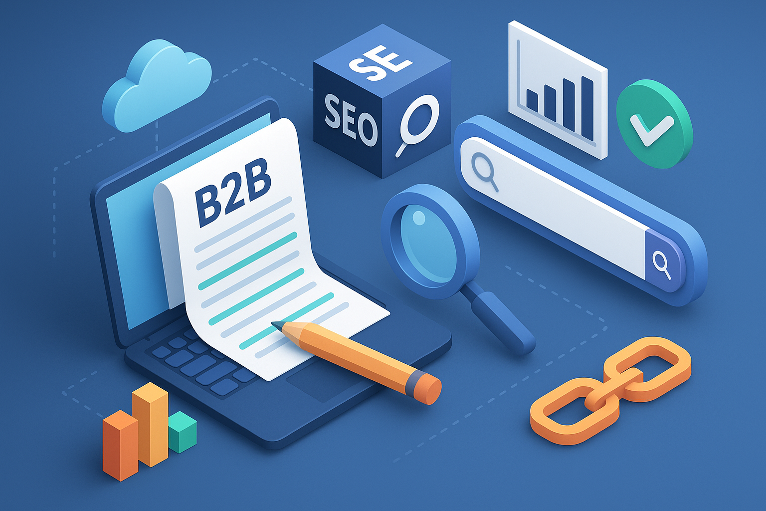 Professional illustration representing Leveraging SEO Best Practices in Your B2B Content Marketing featuring elements rela...