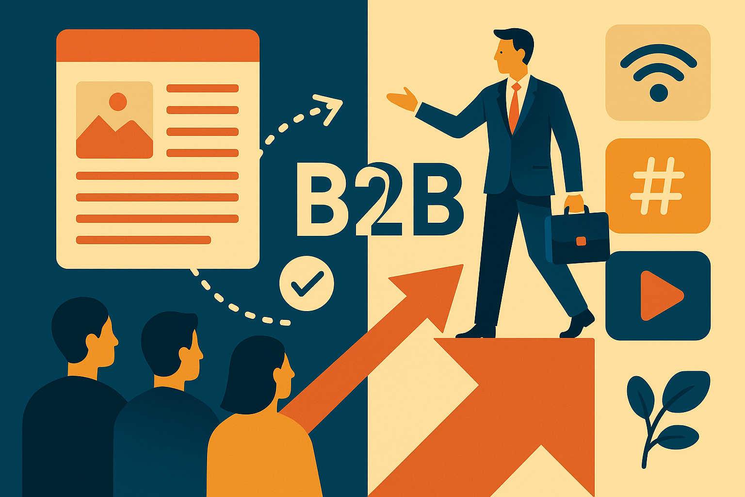 Professional illustration representing Effective Techniques for B2B Content Distribution and Promotion featuring elements ...
