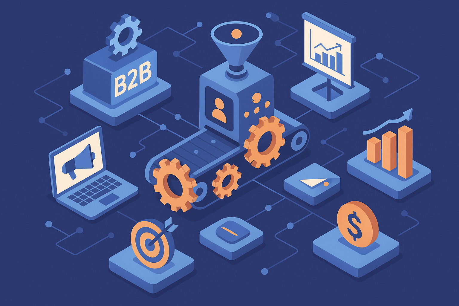 Professional illustration representing Implementing a B2B Marketing Automation Strategy for Efficiency featuring elements ...