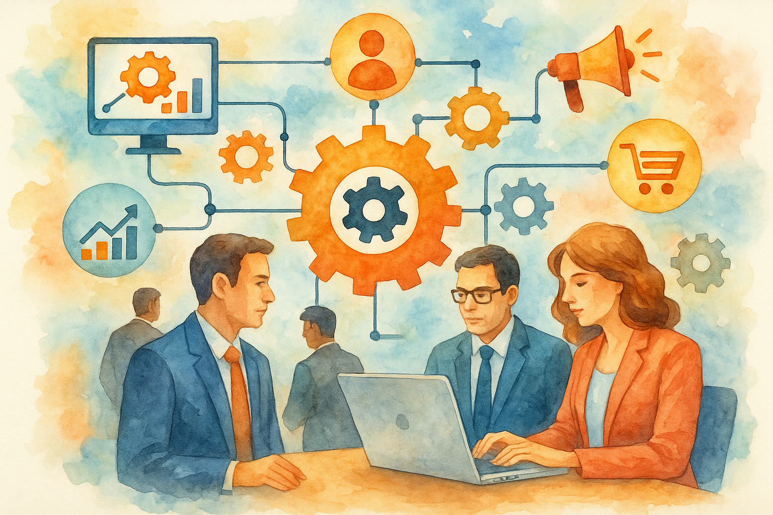 Professional illustration representing Implementing Effective B2B Marketing Automation for Efficiency featuring elements r...