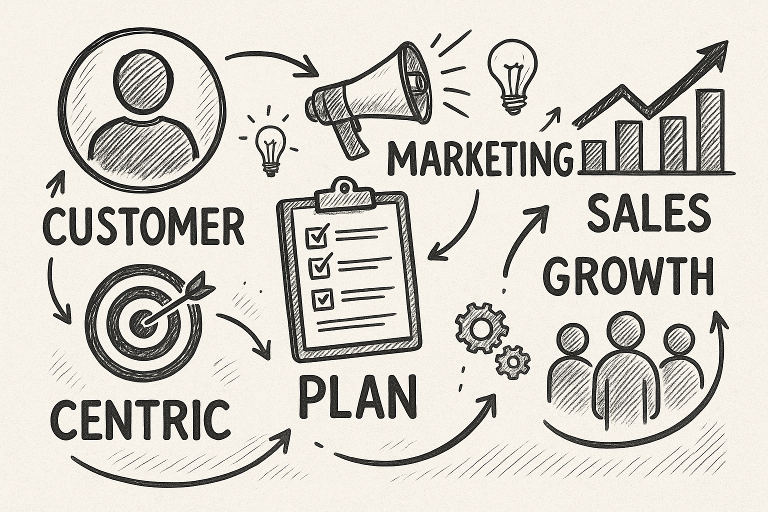Professional illustration representing Creating a B2B Marketing Plan Focused on Customer-Centric Growth featuring elements...