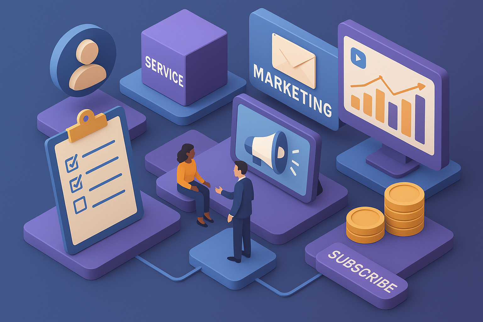 Professional illustration representing Developing a B2B Marketing Strategy for Subscription Services featuring elements re...
