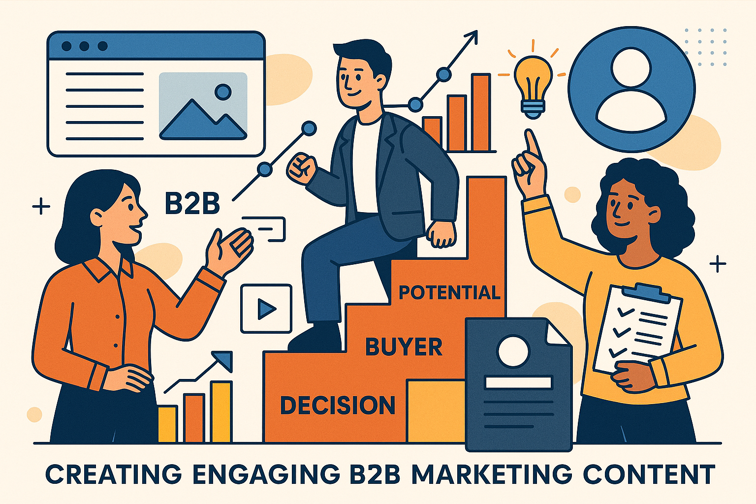 Professional illustration representing Creating Engaging B2B Marketing Content for Different Buyer Stages featuring elemen...