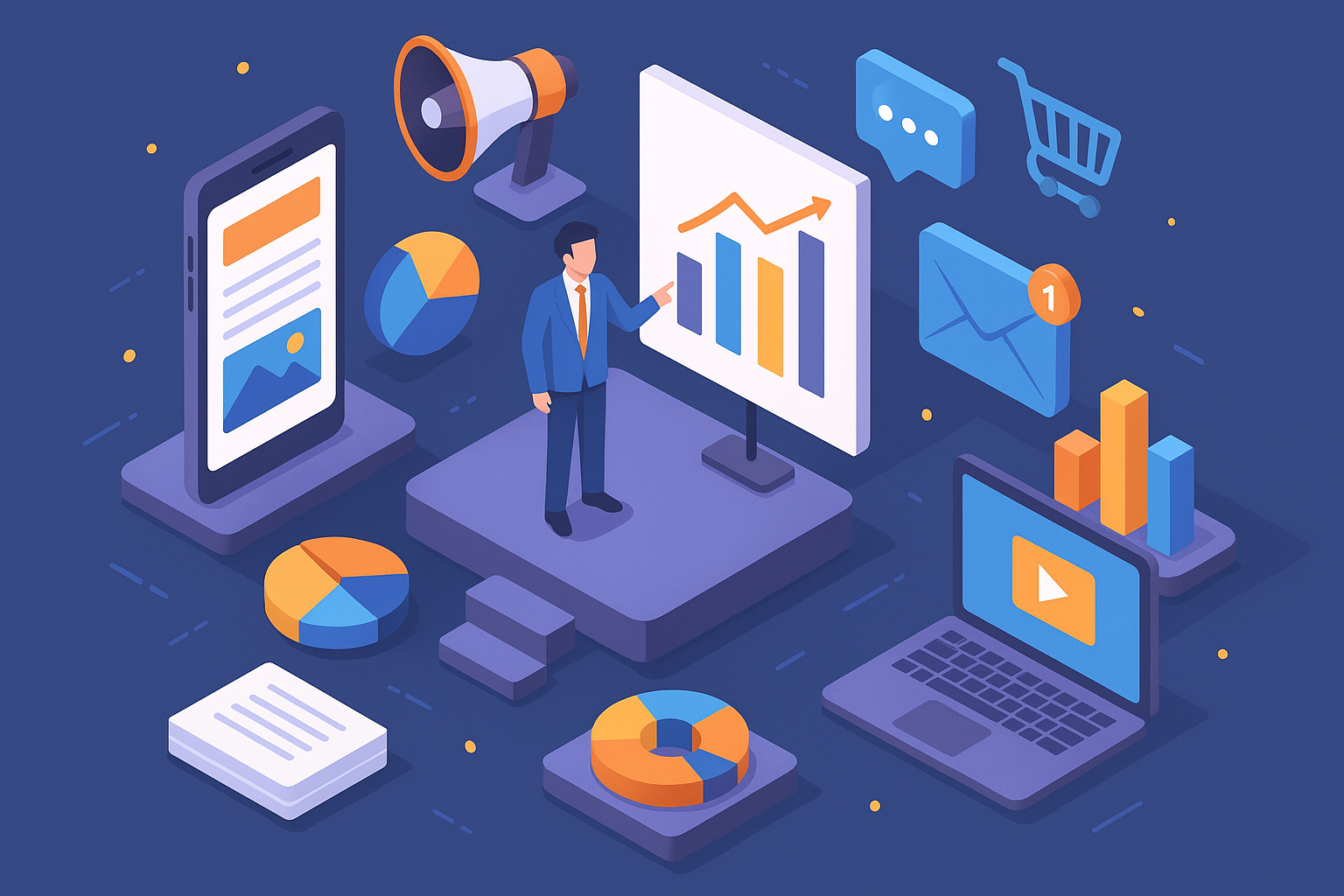 Professional illustration representing Developing a B2B Marketing Strategy for Multichannel Engagement featuring elements ...