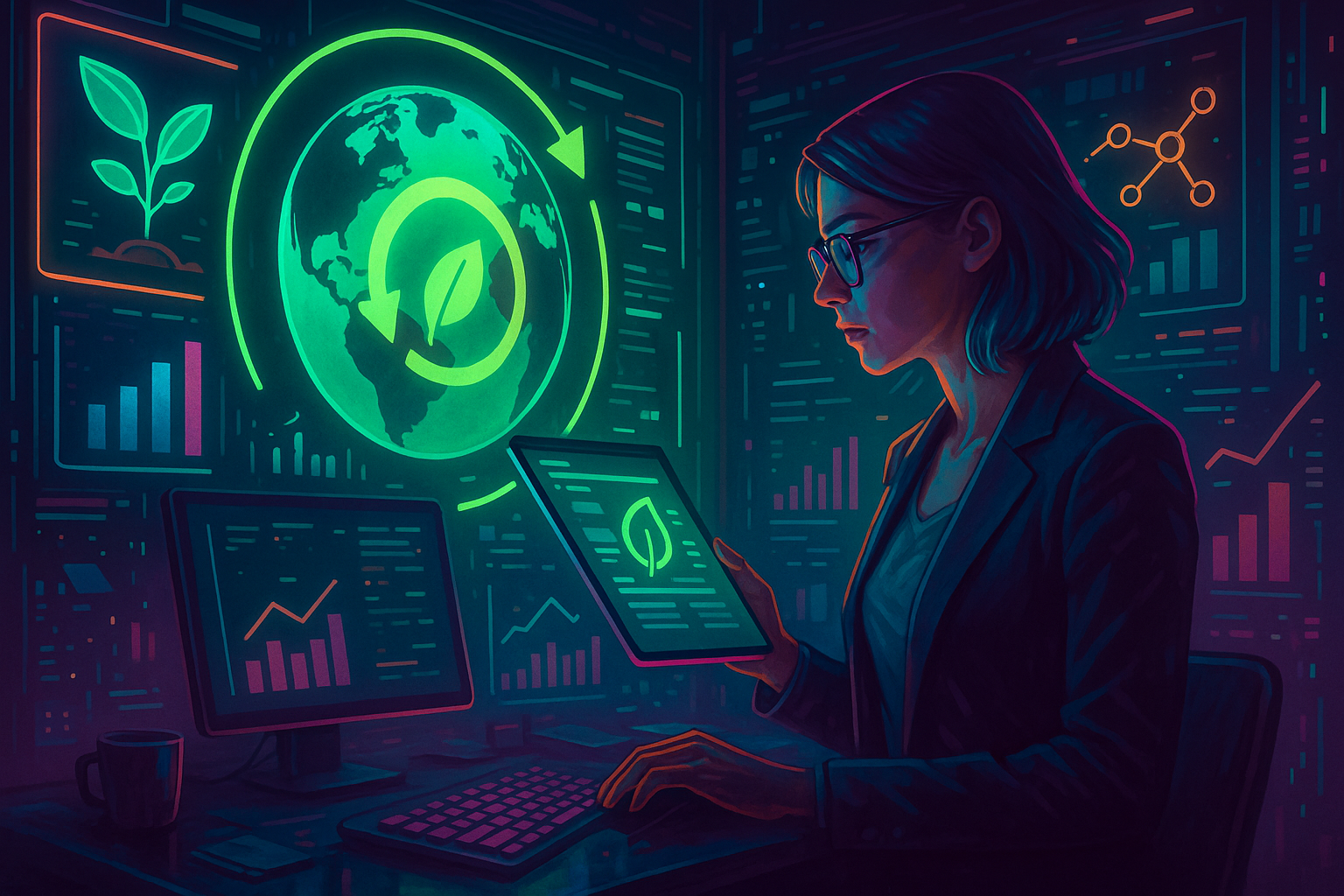 Professional illustration representing Developing a B2B Marketing Strategy for Sustainability Initiatives featuring elemen...