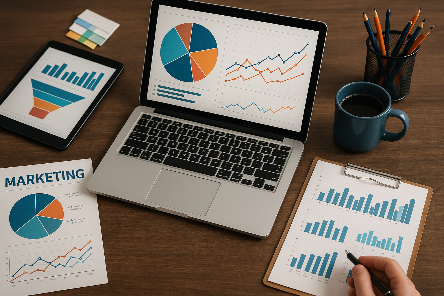 Professional illustration representing Integrating Data Analytics into Your B2B Marketing Strategy featuring elements rela...